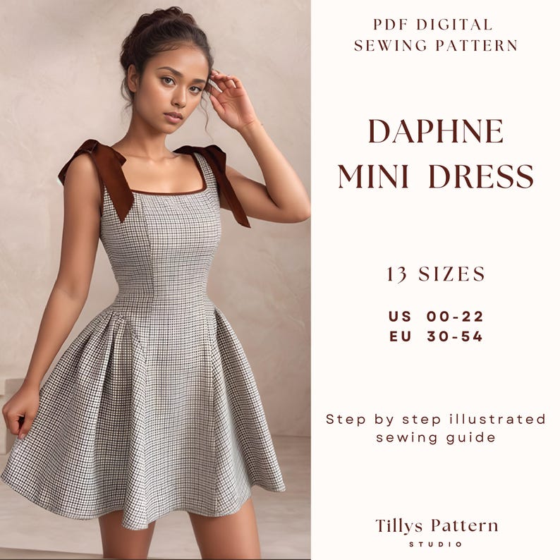 Mini Dress Sewing Pattern| Square Neck Dress Pattern| Cottage Core Dress| Bow Dress Pattern|Plus Size Sewing Pattern| US 0-22 (PDF Download)