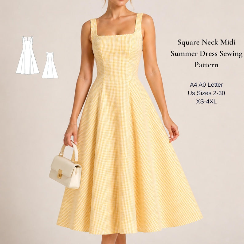 Square Neck Midi Dress Sewing Pattern, Cottagecore Milkmaid Sundress ( – illenaii