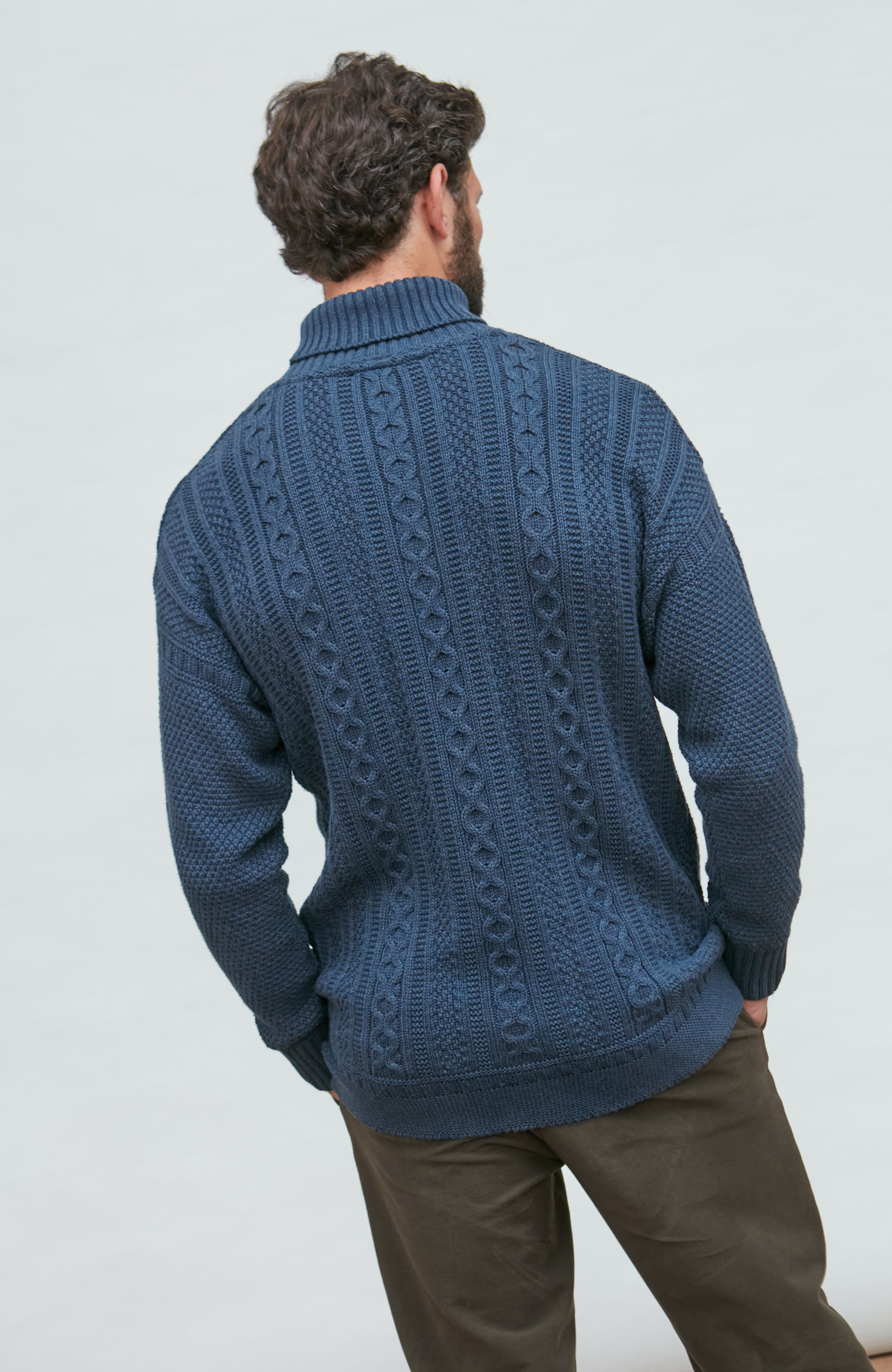 Mens Midweight Cotton Cable Roll Neck Gansey Jumper