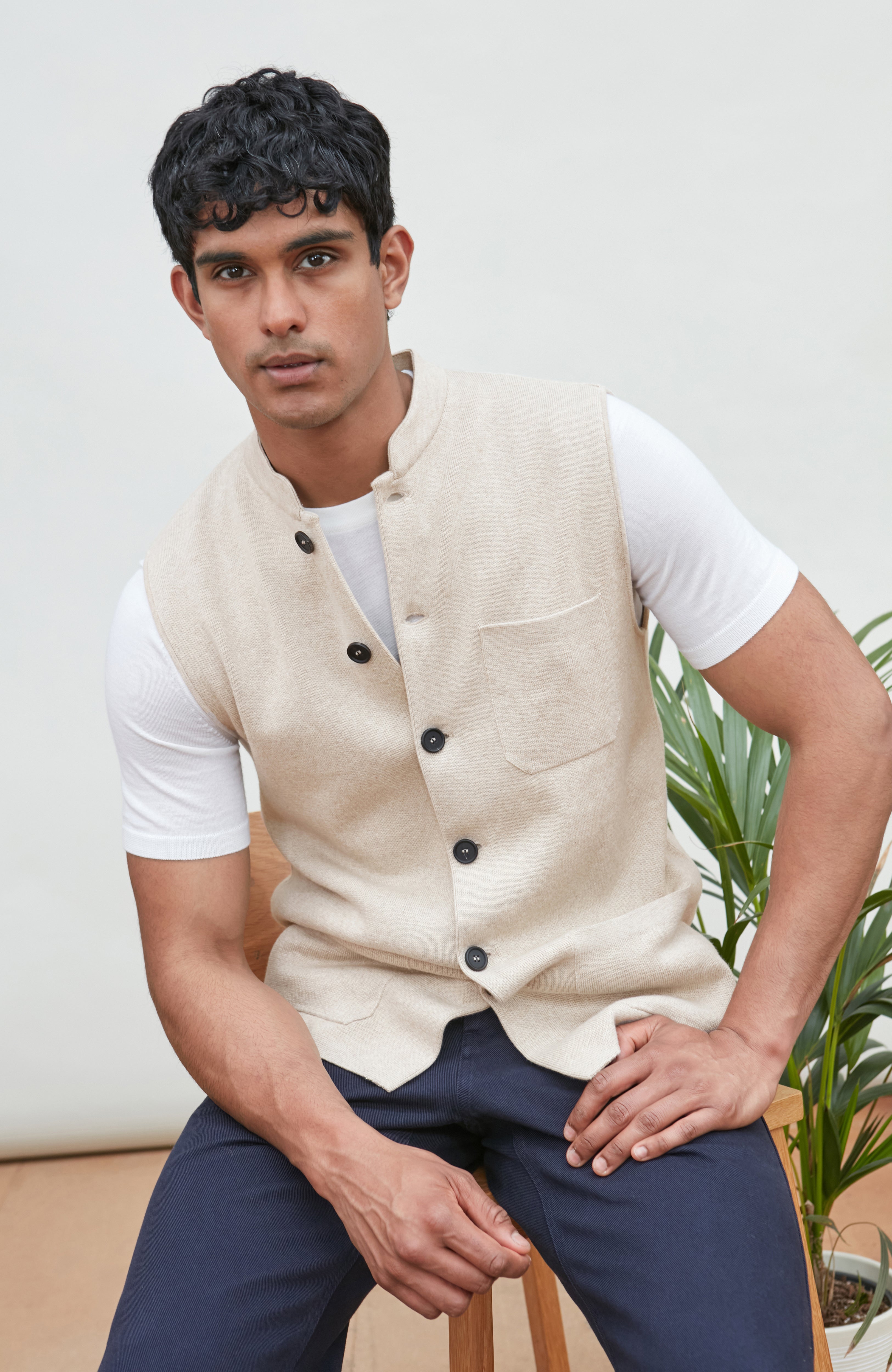Mens Midweight Cotton Knitted Nehru Waistcoat
