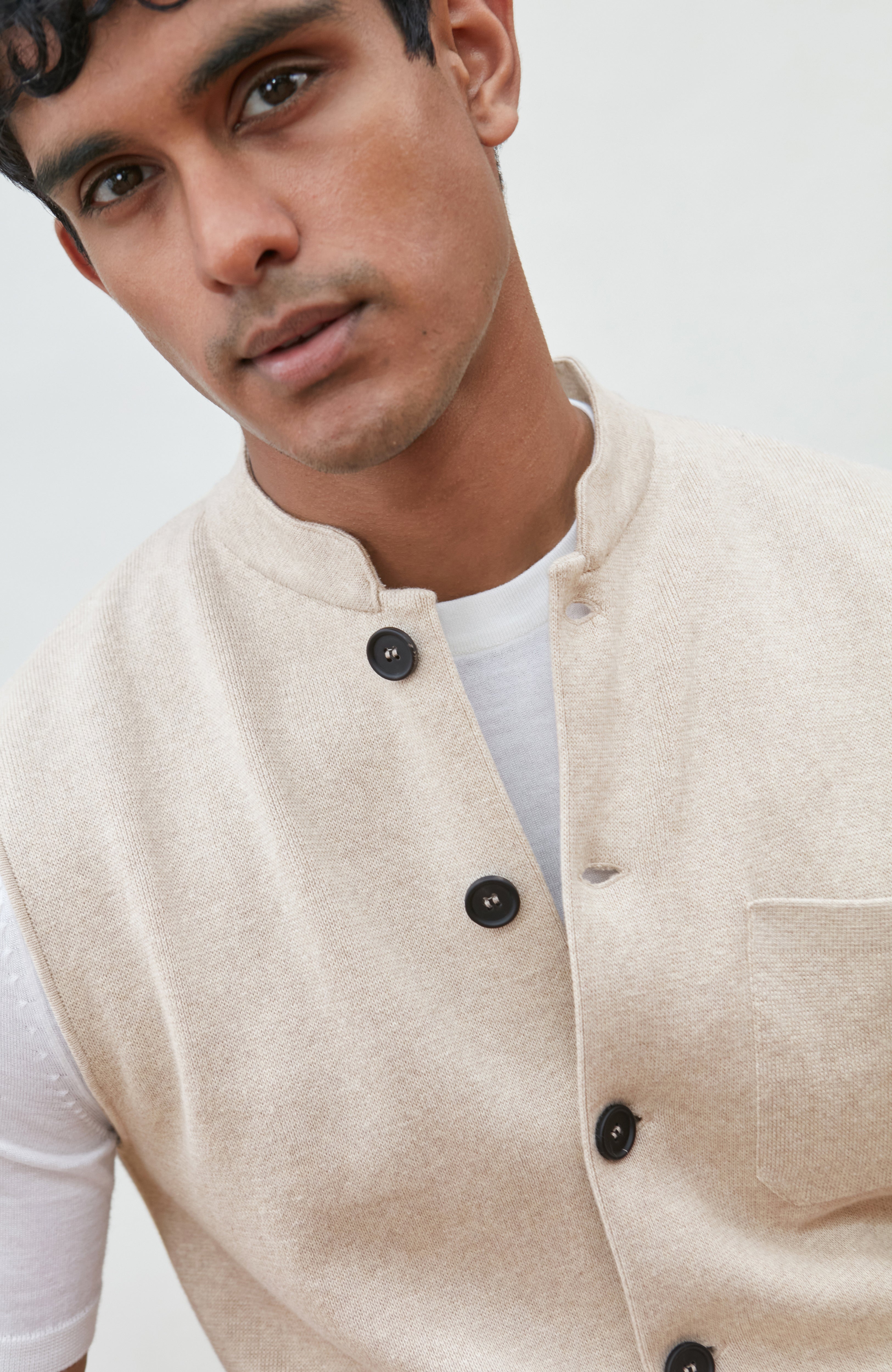 Mens Midweight Cotton Knitted Nehru Waistcoat