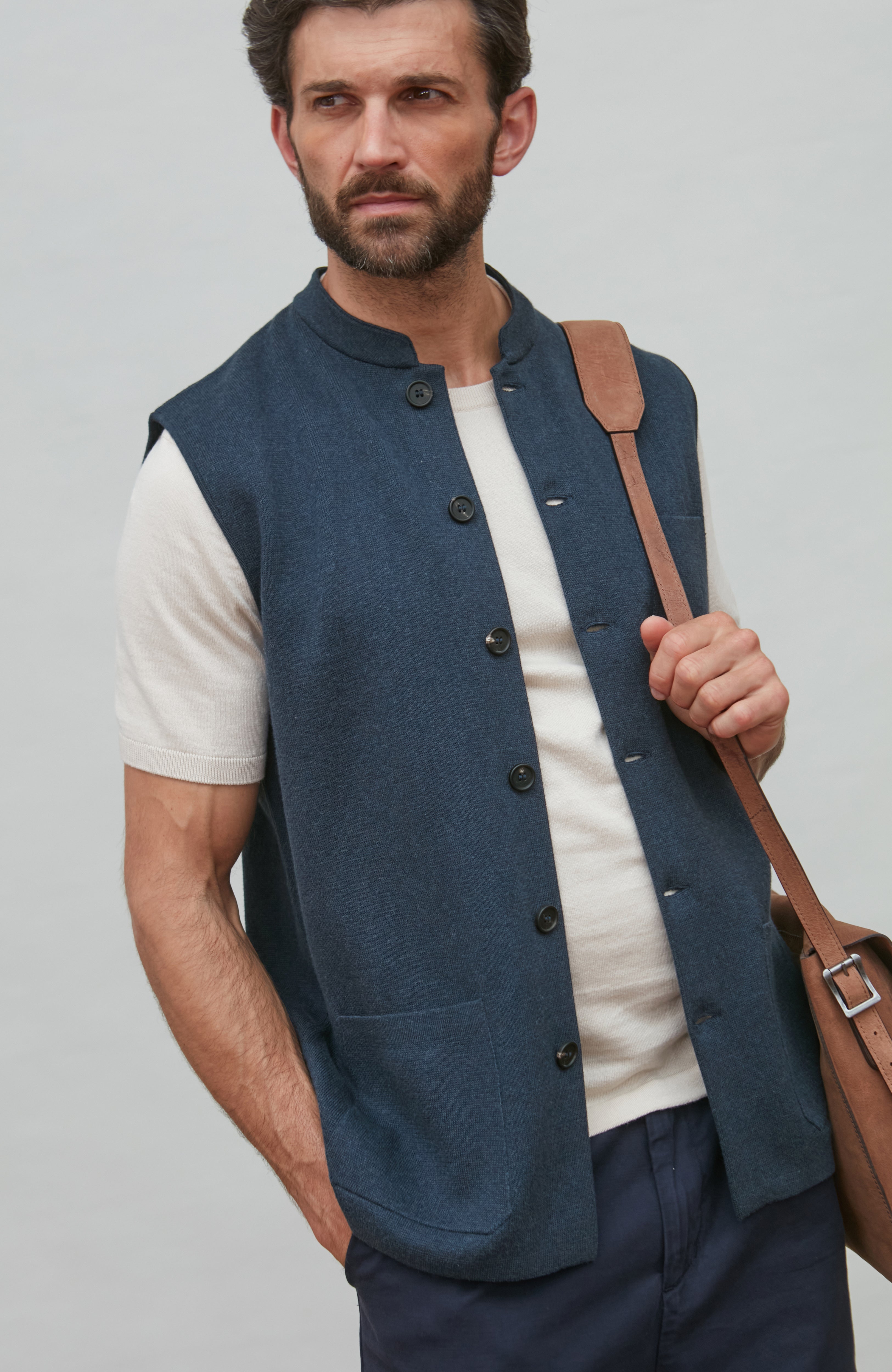 Mens Midweight Cotton Knitted Nehru Waistcoat