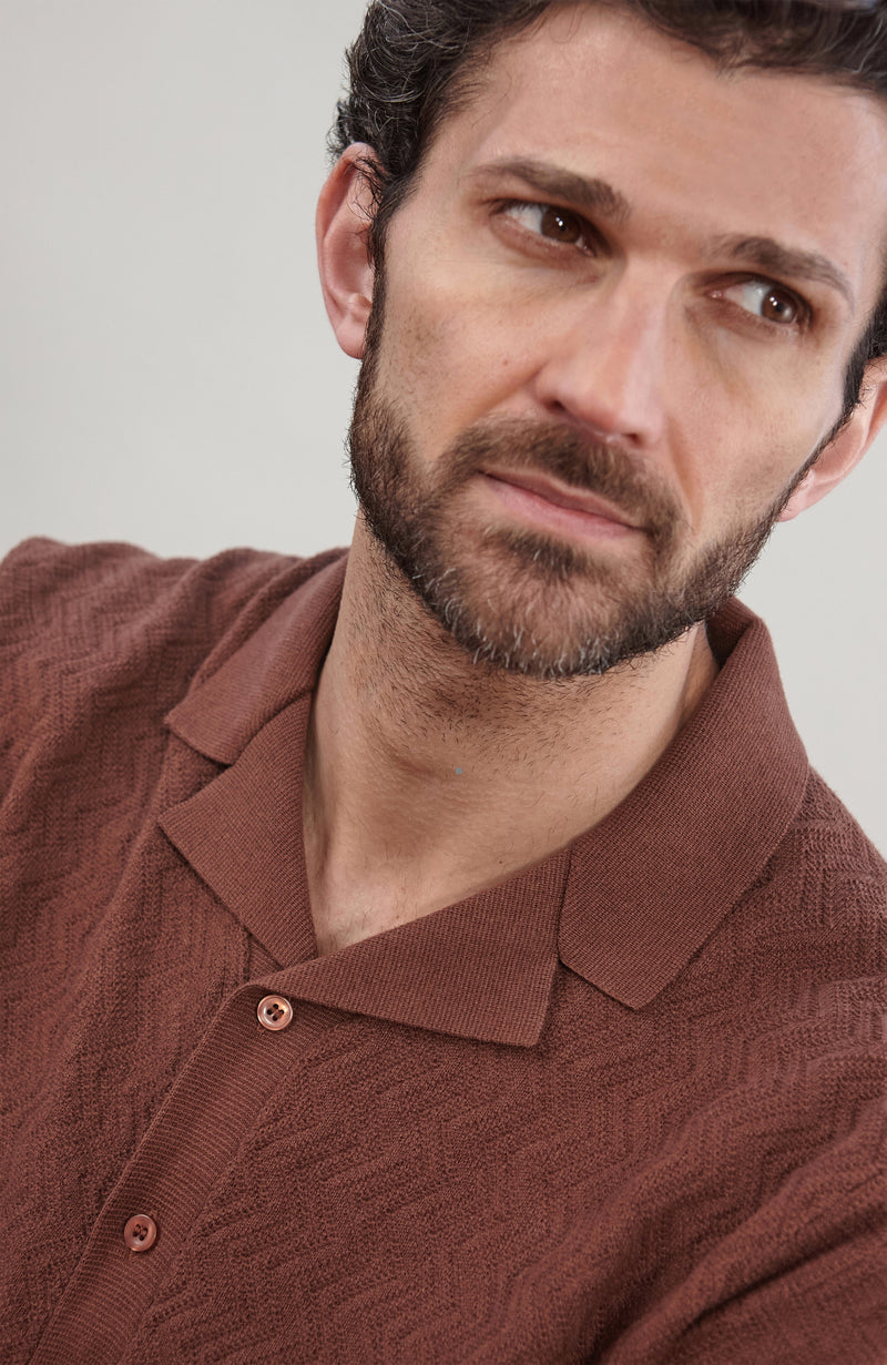 Mens Cotton Linen Racking Knit Resort Shirt