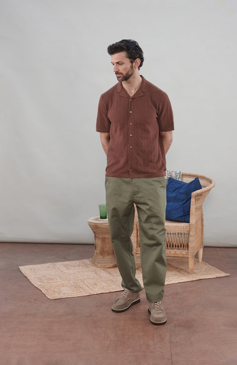 Mens Cotton Linen Racking Knit Resort Shirt