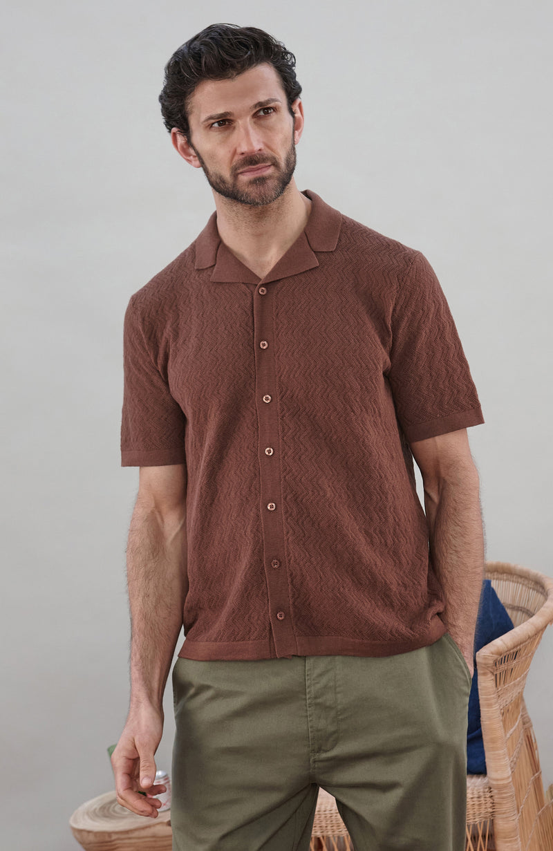 Mens Cotton Linen Racking Knit Resort Shirt