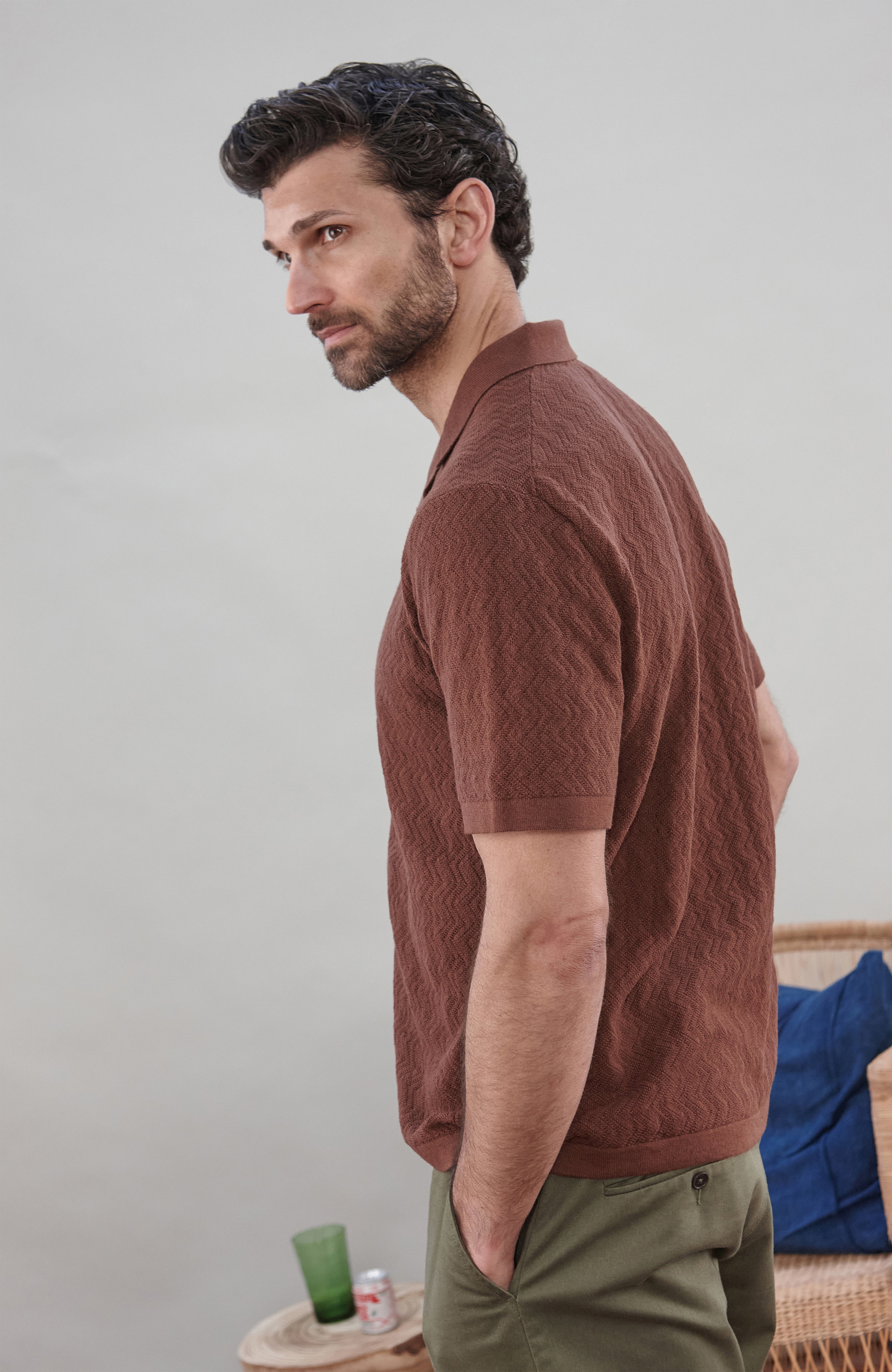 Mens Cotton Linen Racking Knit Resort Shirt