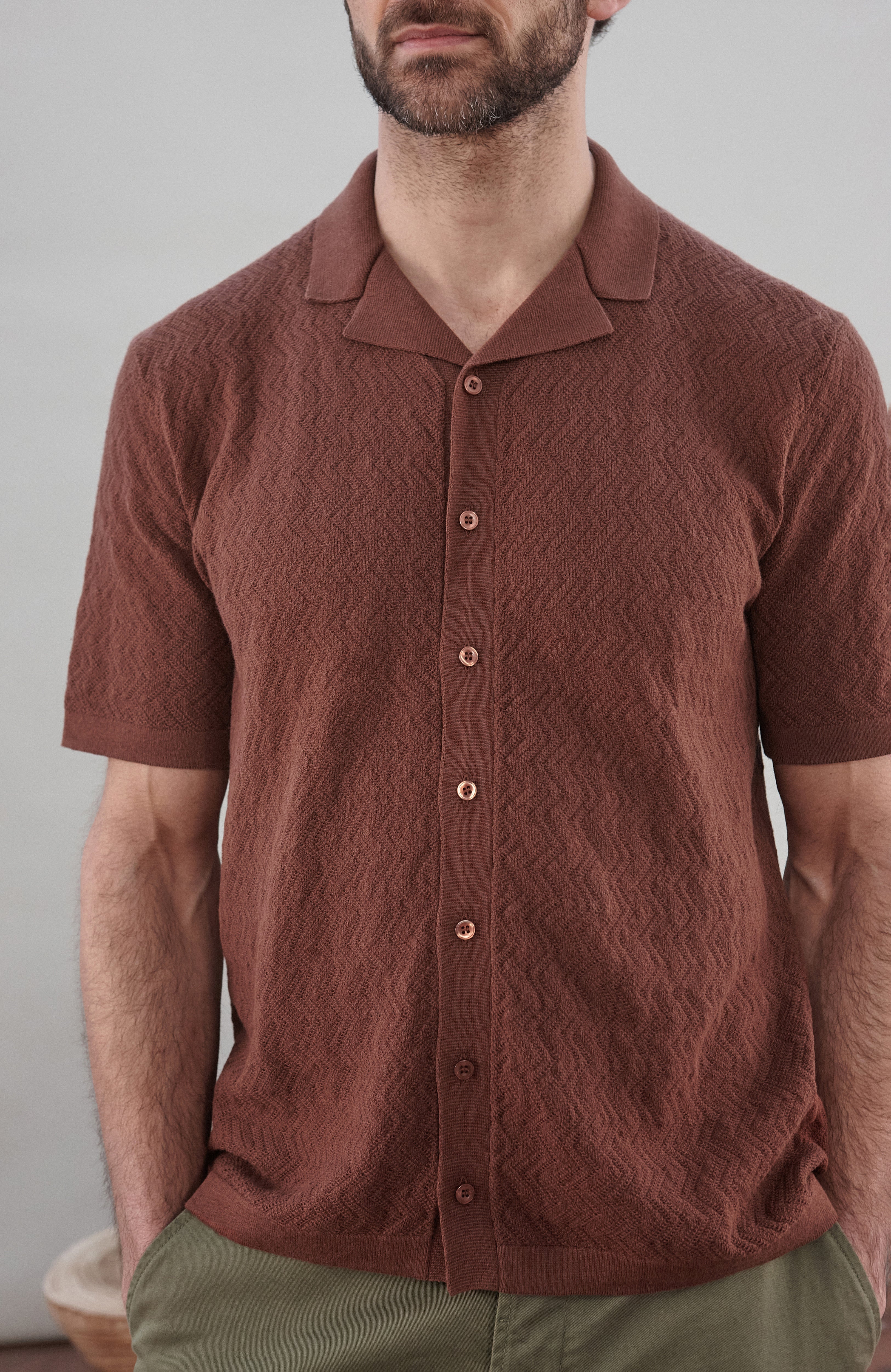 Mens Cotton Linen Racking Knit Resort Shirt