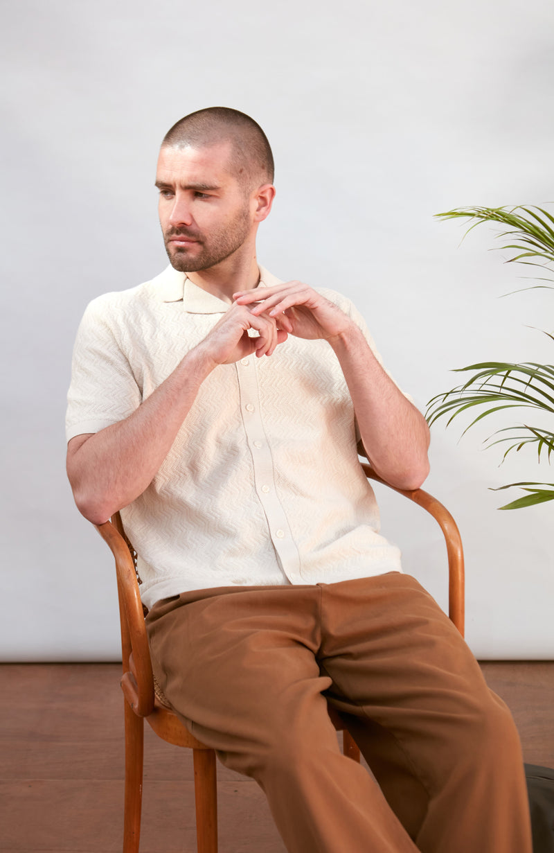 Mens Cotton Linen Racking Knit Resort Shirt