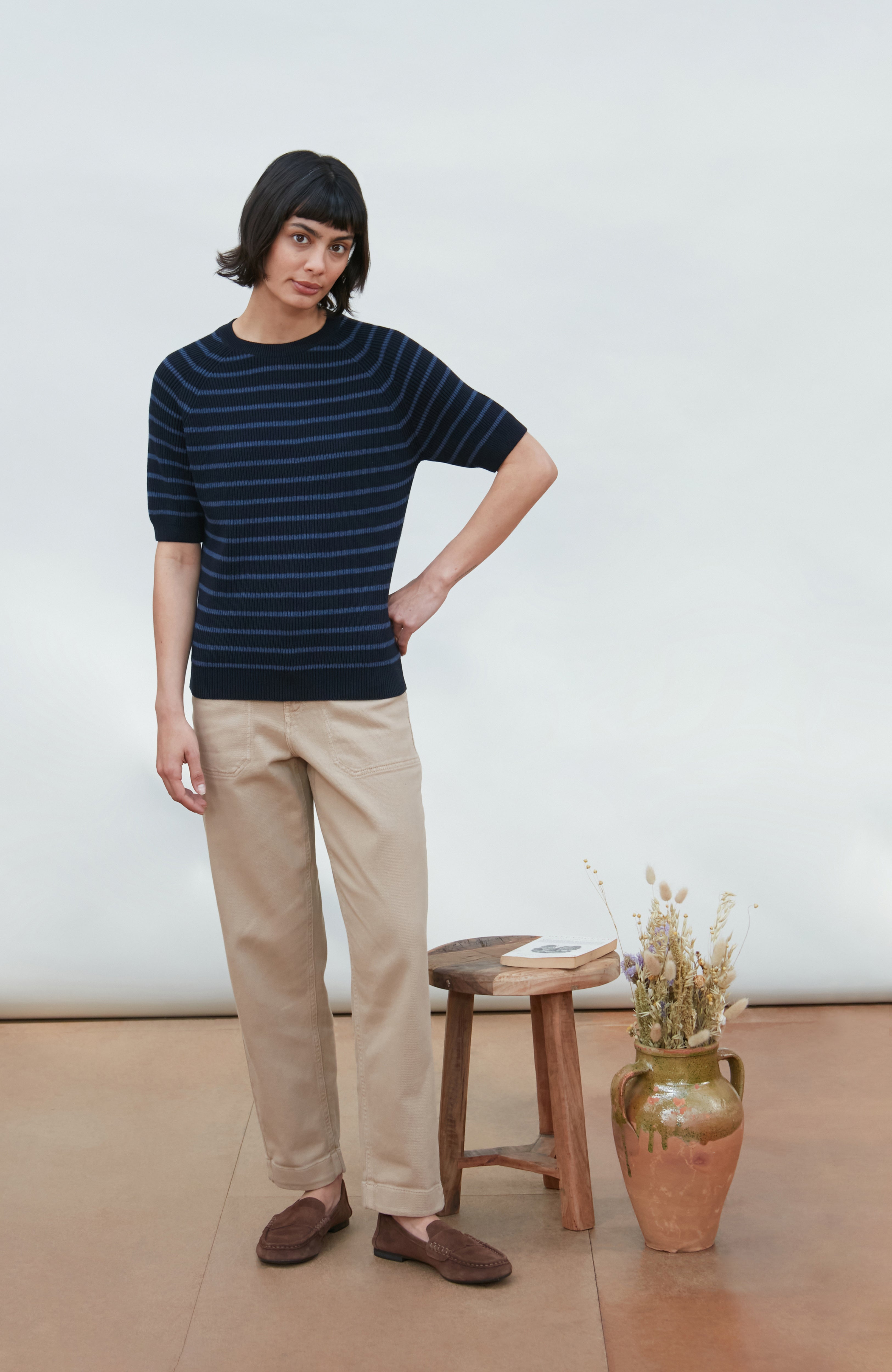 Womens Lightweight Cotton Rib Stripe Top
