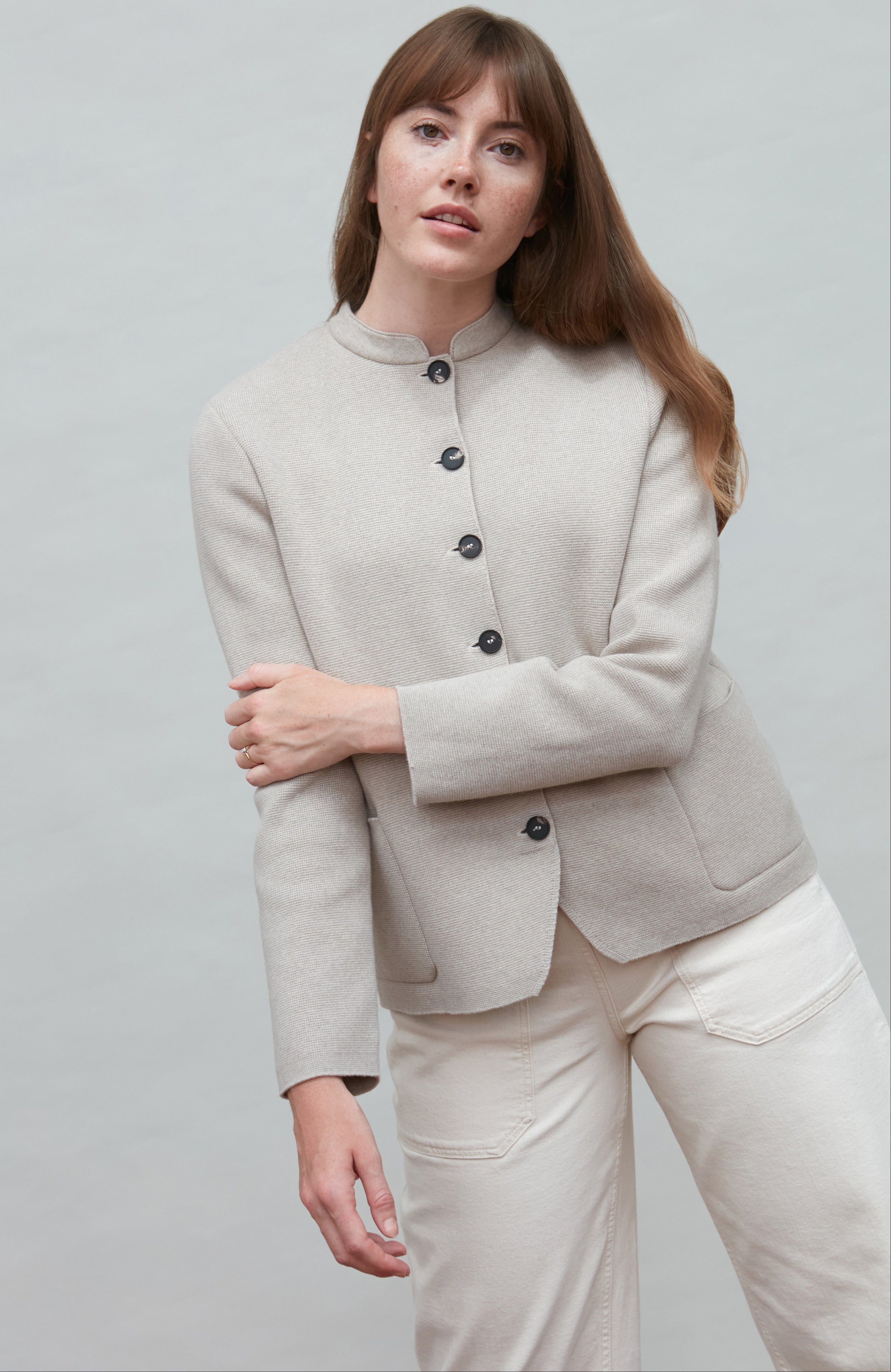 Womens Midweight Cotton Knitted Nehru Jacket