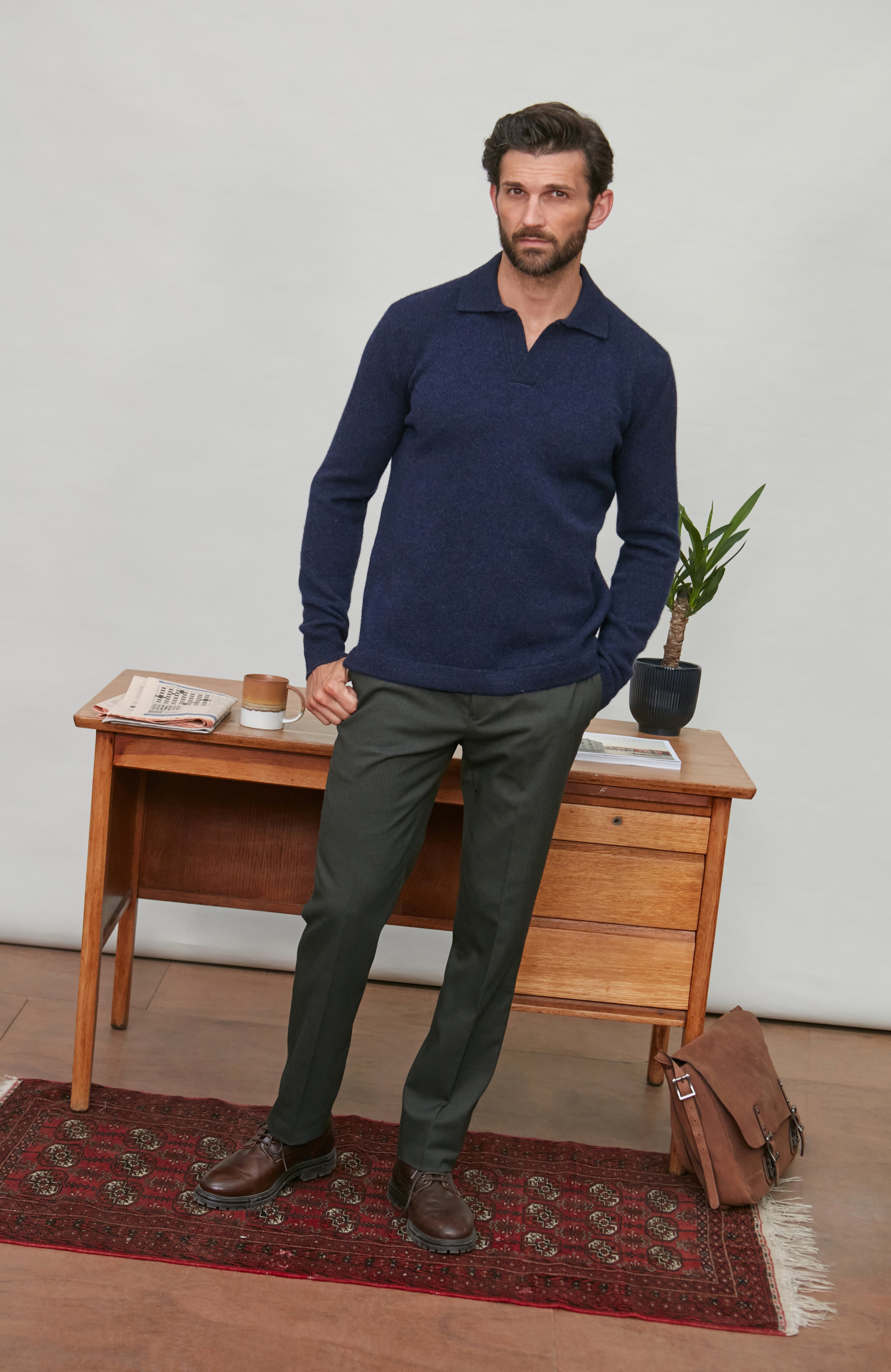 Mens Midweight Lambswool Buttonless Polo Shirt