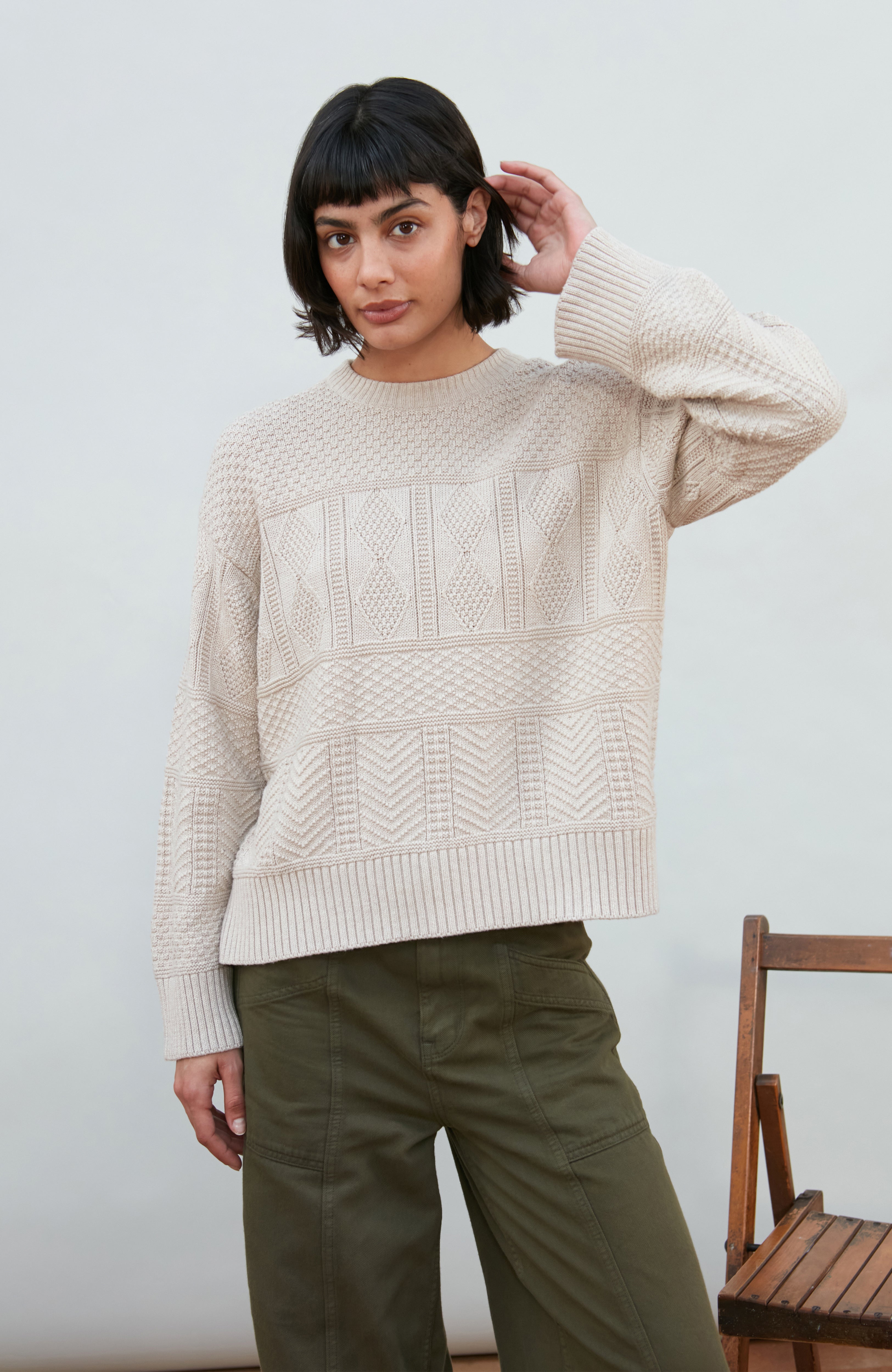 Womens Midweight Cotton Textured Block Jumper