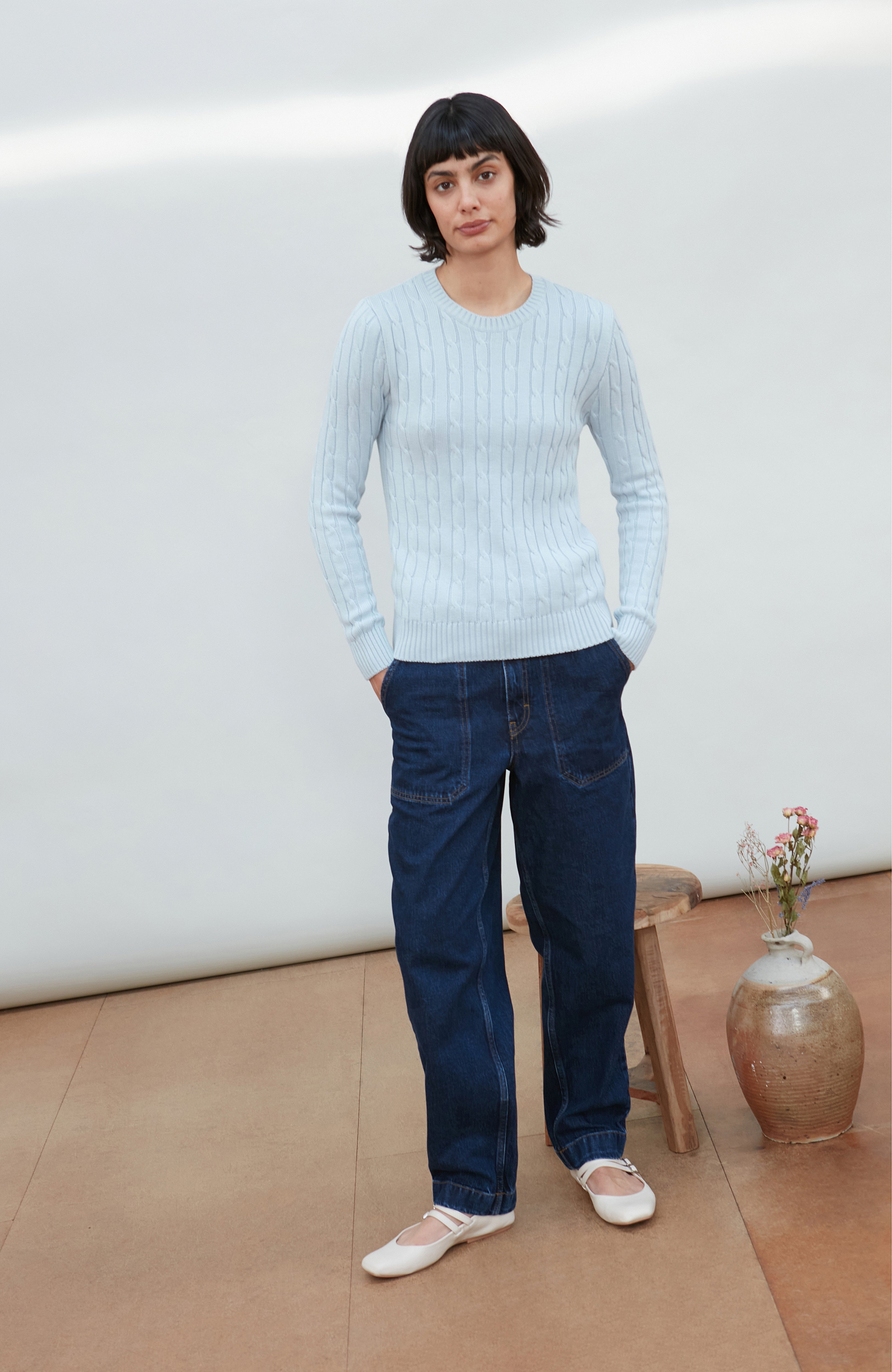 Womens Cotton Cable Crew Neck Jumper