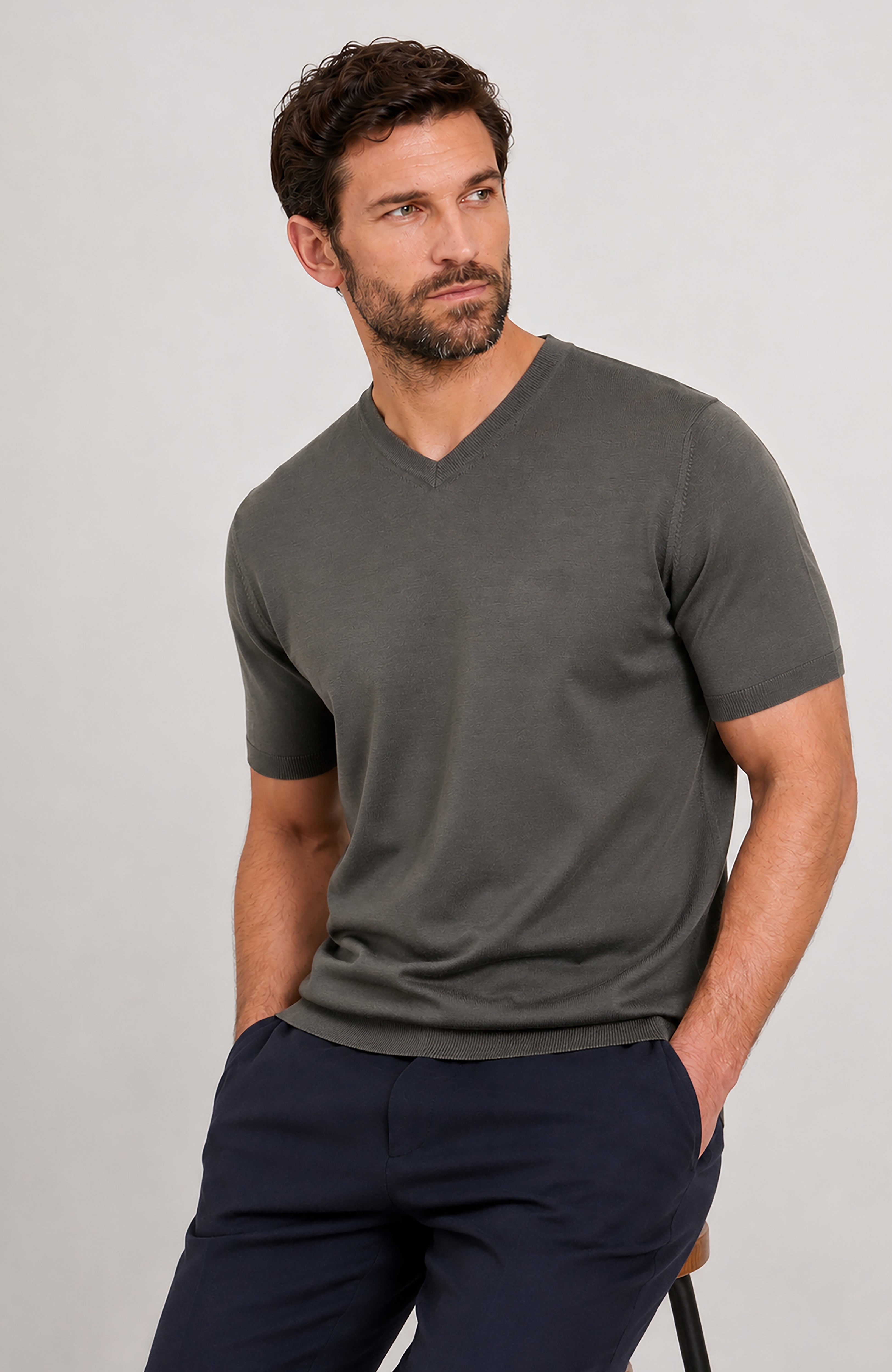 Mens Superfine Mercerised Cotton V Neck Knitted T-Shirt