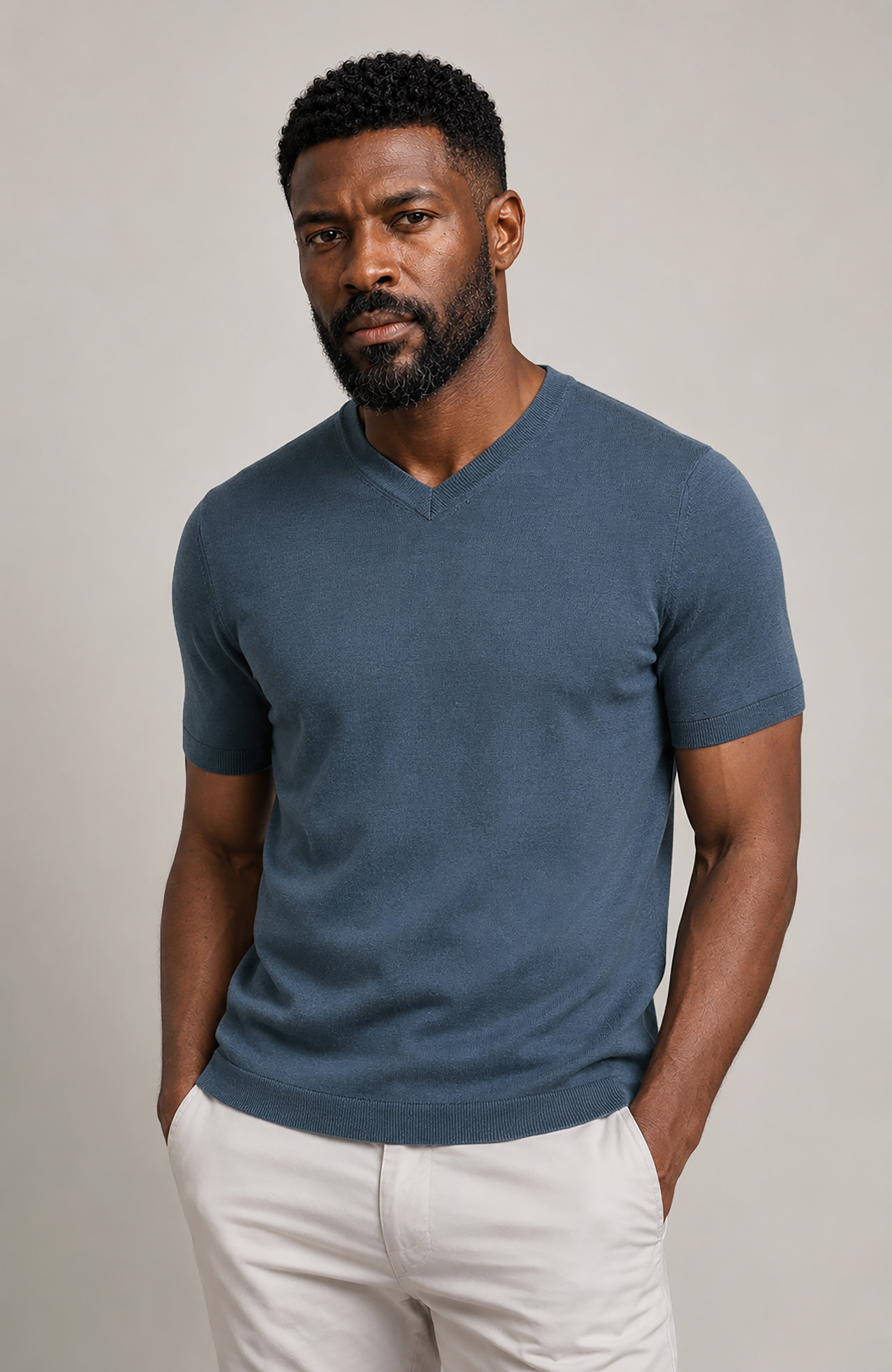 Mens Superfine Mercerised Cotton V Neck Knitted T-Shirt
