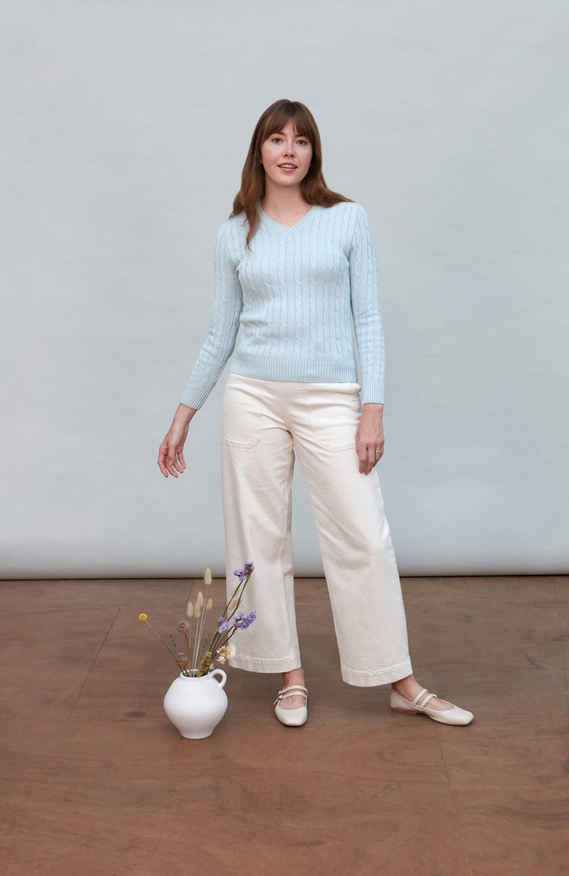 Womens Cotton Cable V Neck Jumper