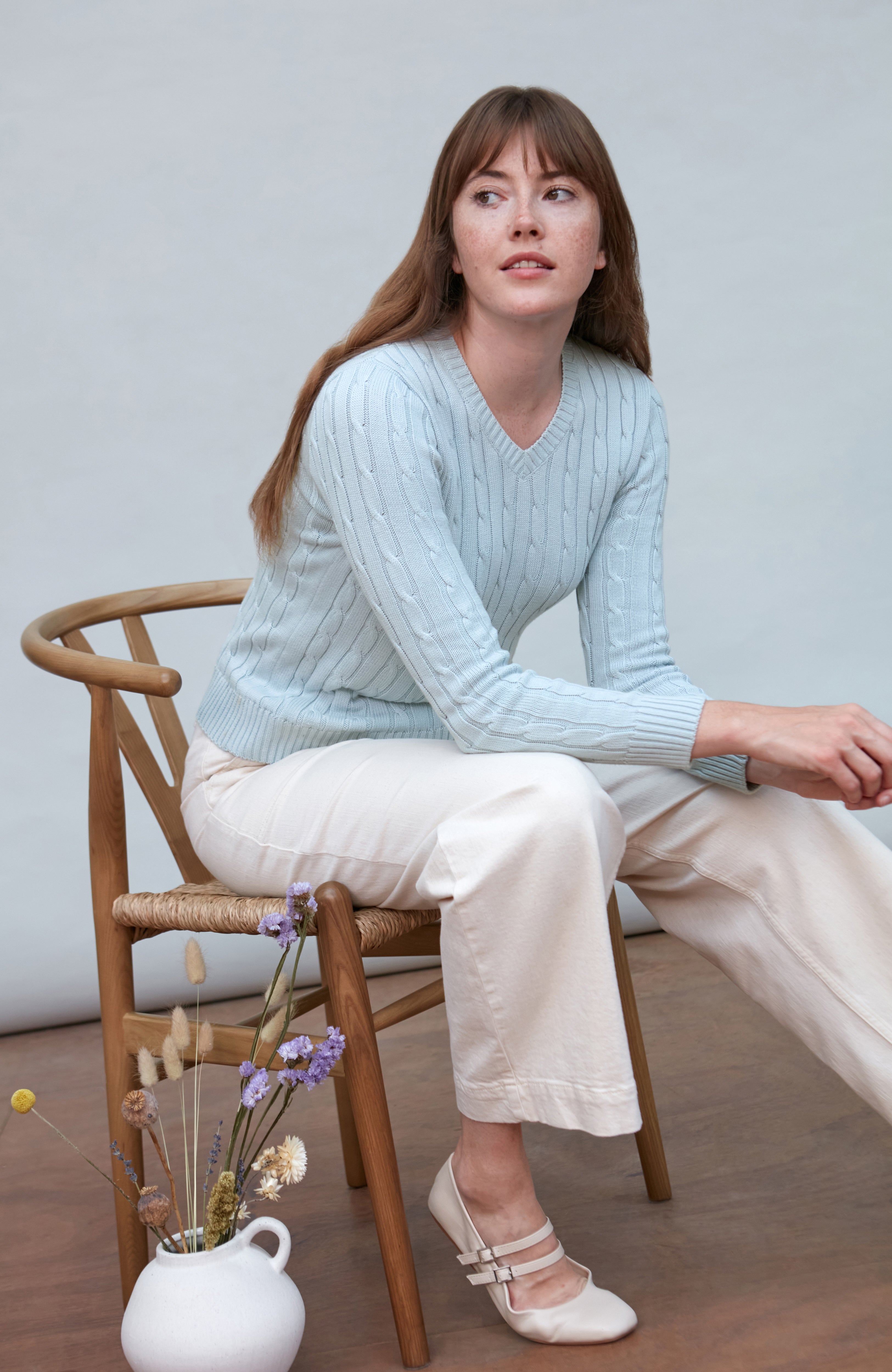 Womens Cotton Cable V Neck Jumper