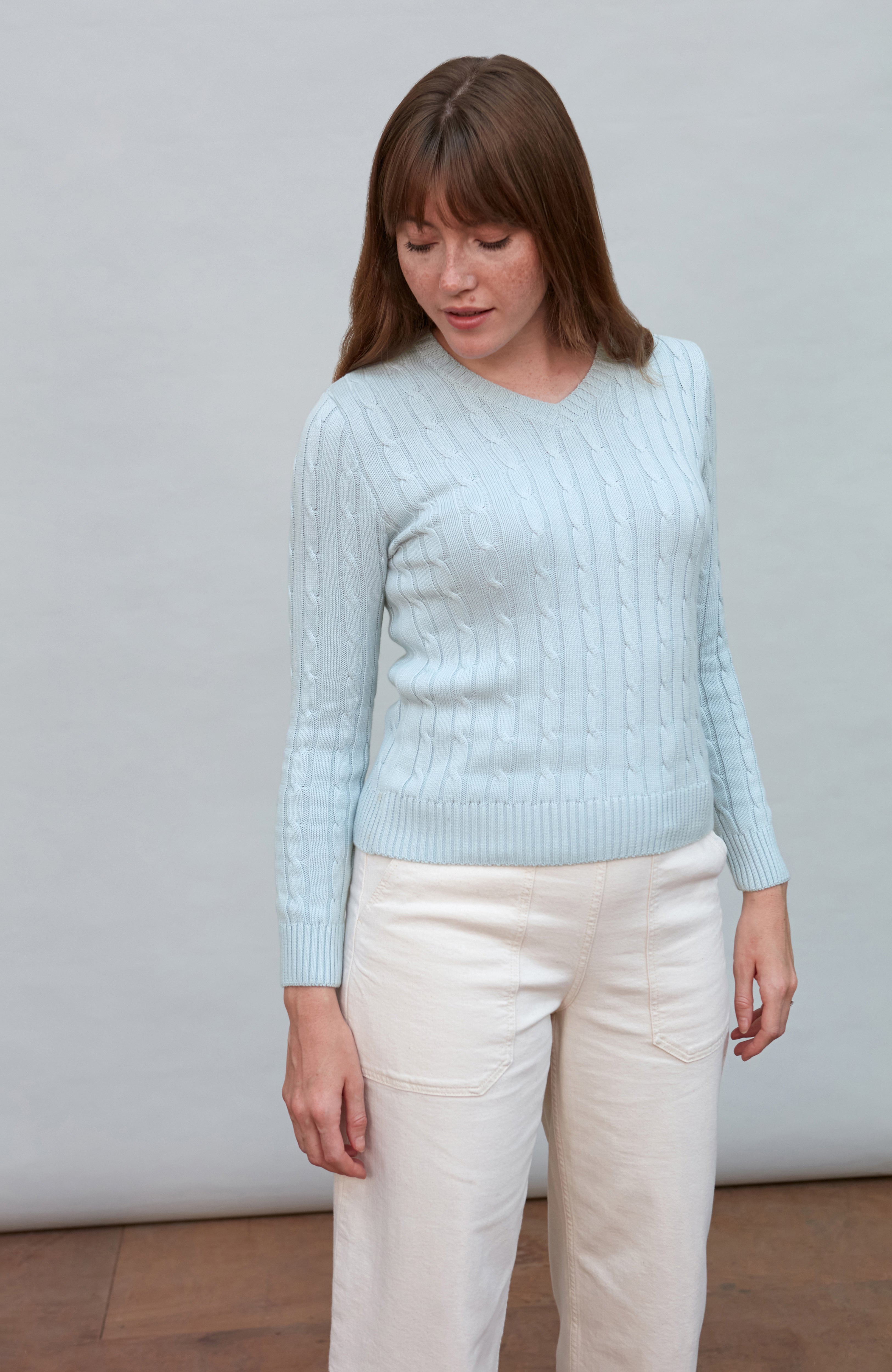 Womens Cotton Cable V Neck Jumper