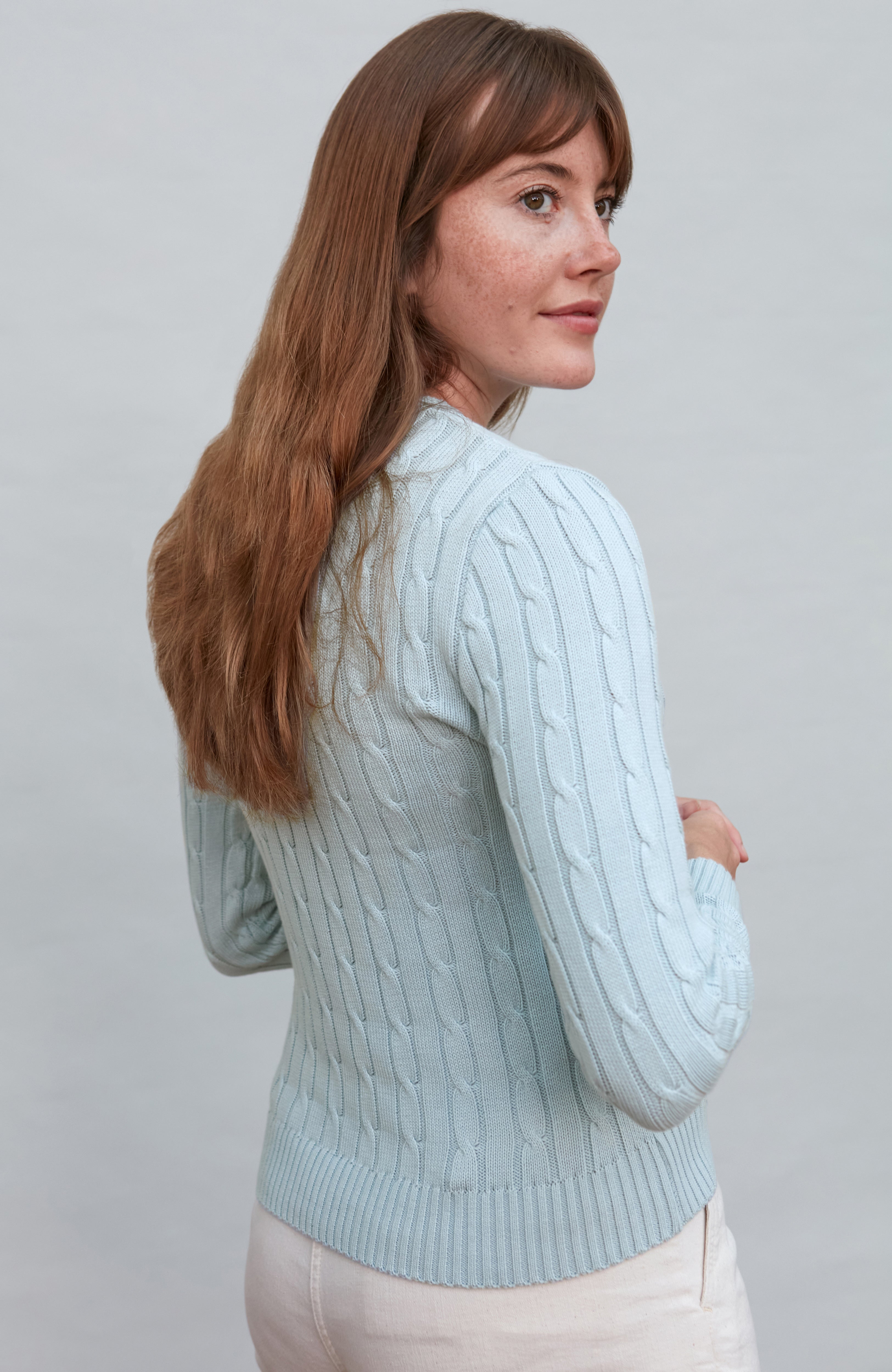 Womens Cotton Cable V Neck Jumper