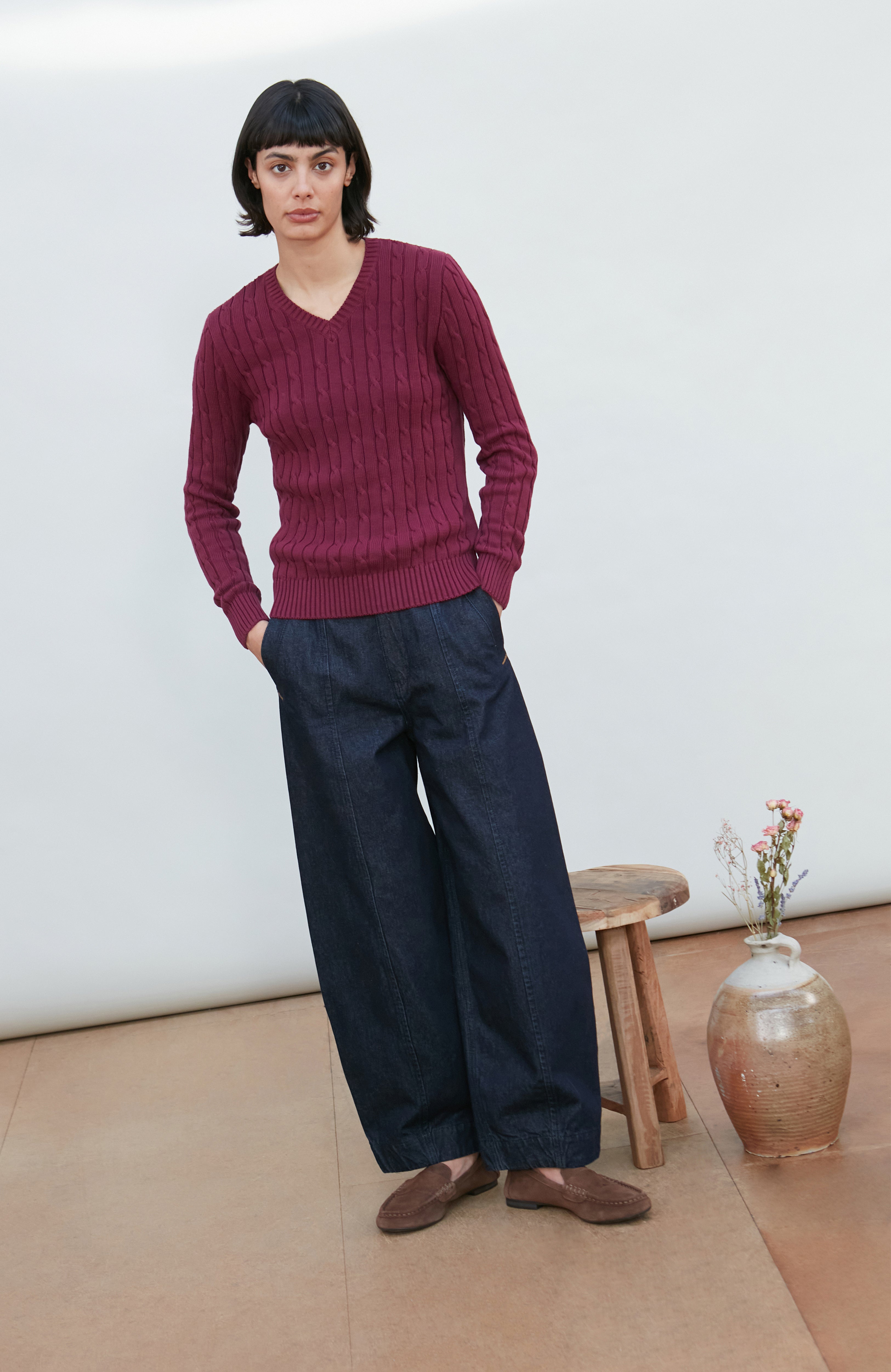 Womens Cotton Cable V Neck Jumper