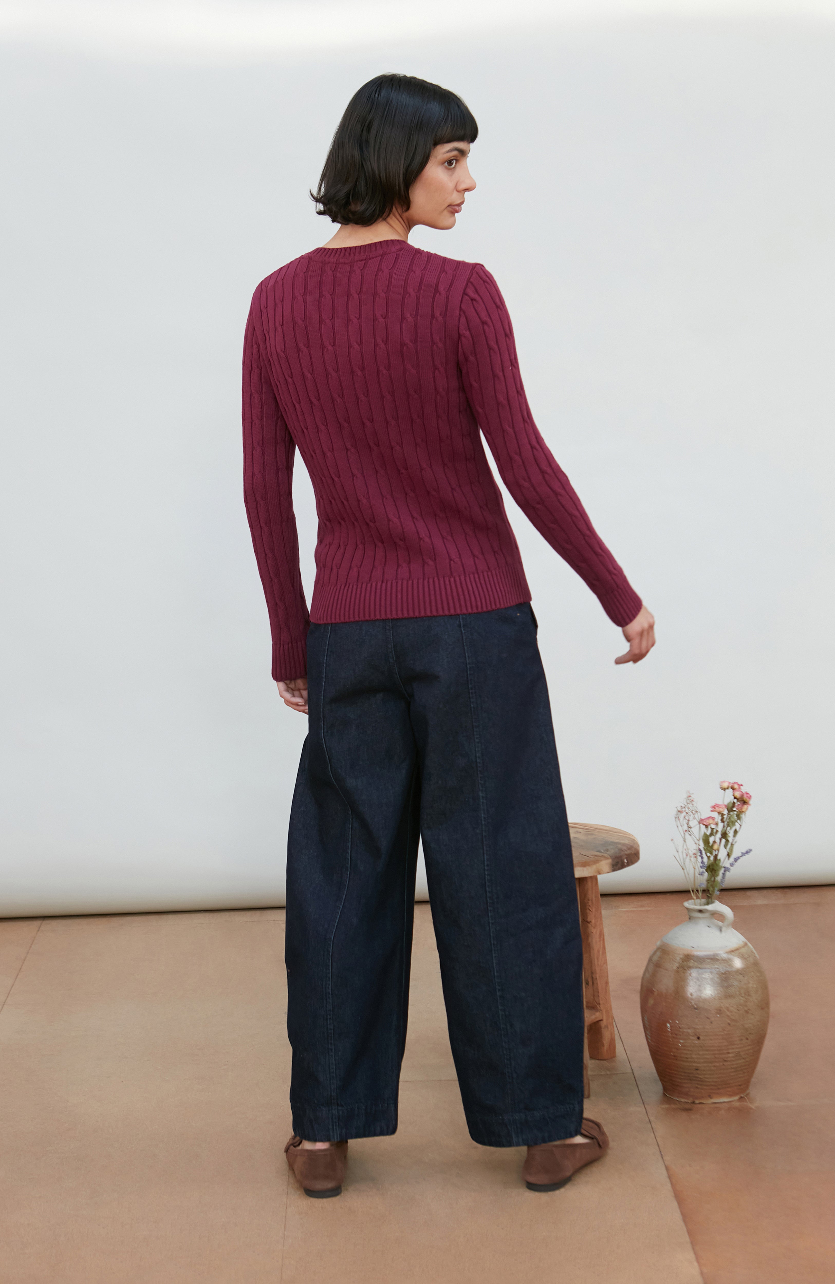 Womens Cotton Cable V Neck Jumper