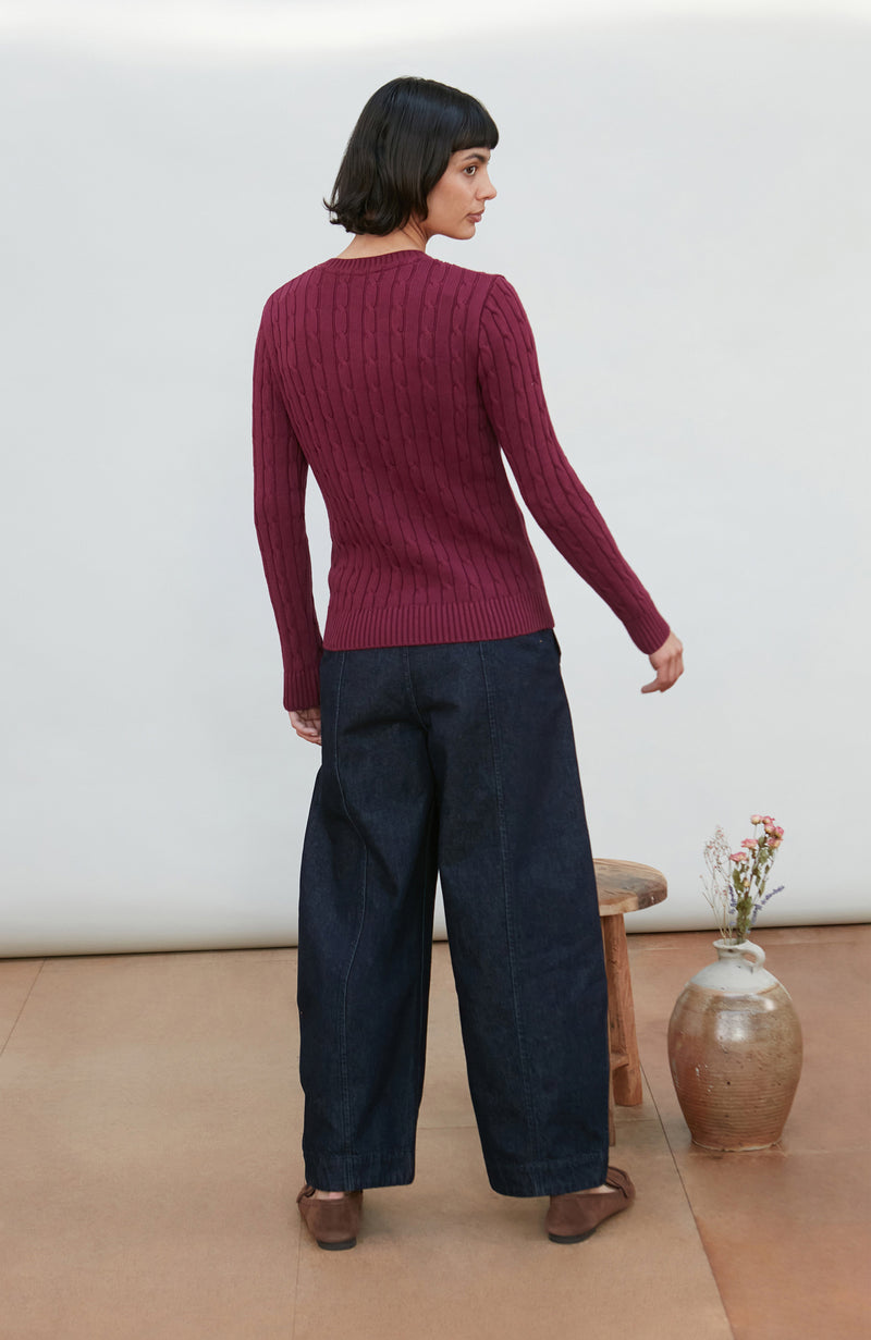 Womens Cotton Cable V Neck Jumper
