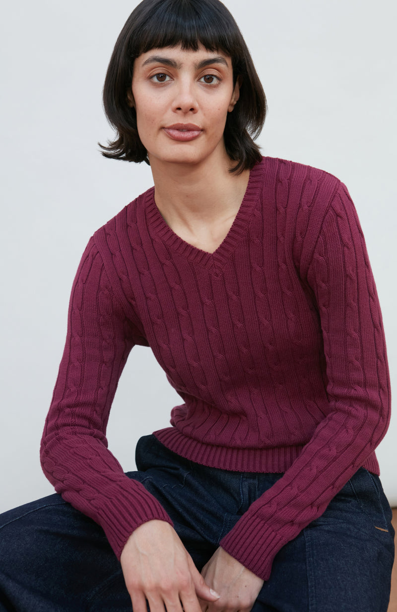 Womens Cotton Cable V Neck Jumper