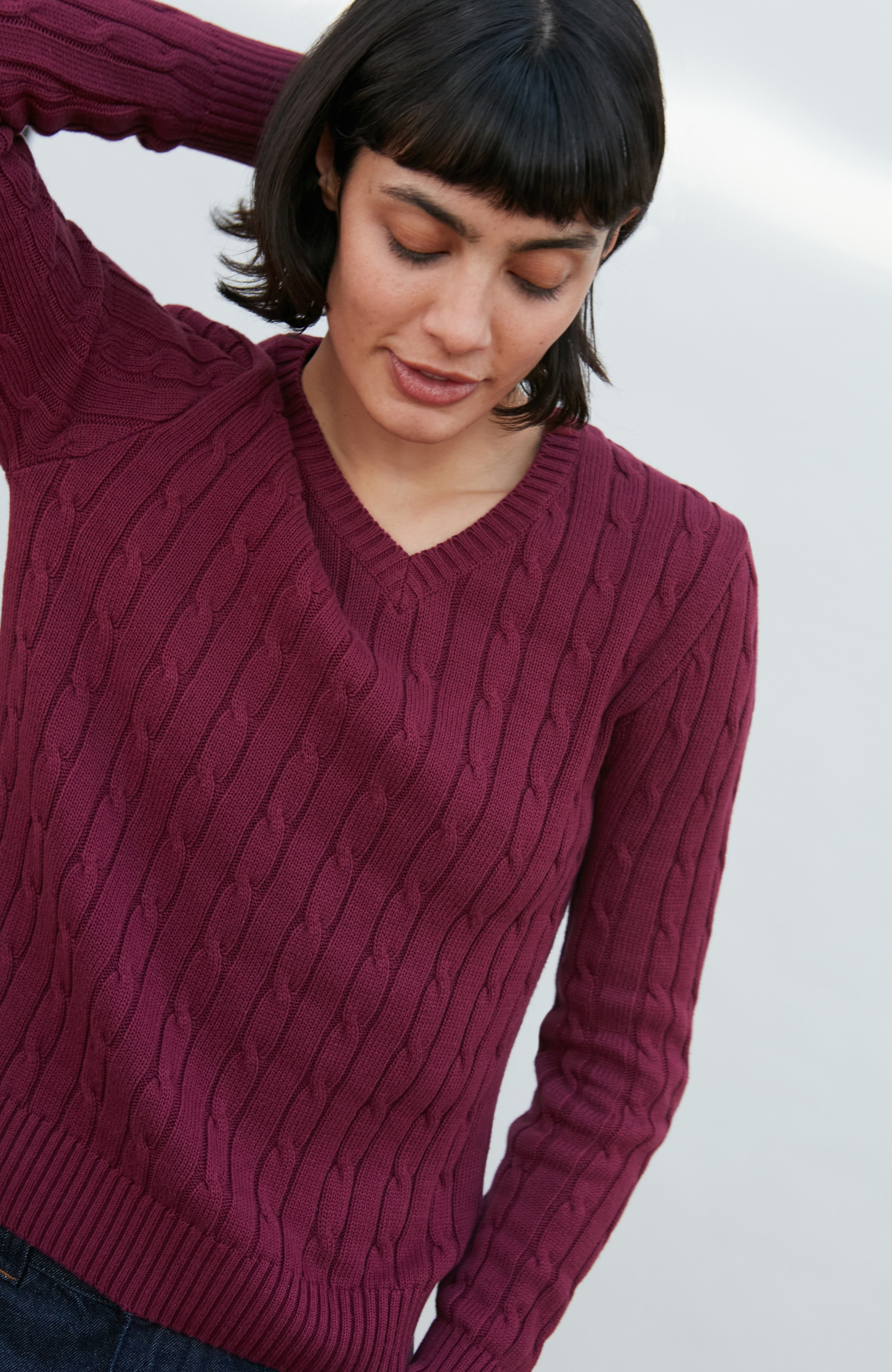 Womens Cotton Cable V Neck Jumper