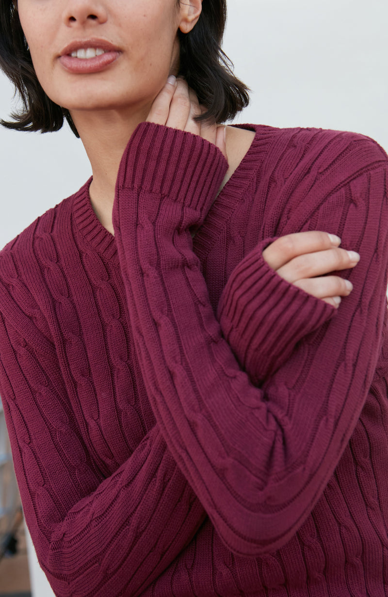 Womens Cotton Cable V Neck Jumper