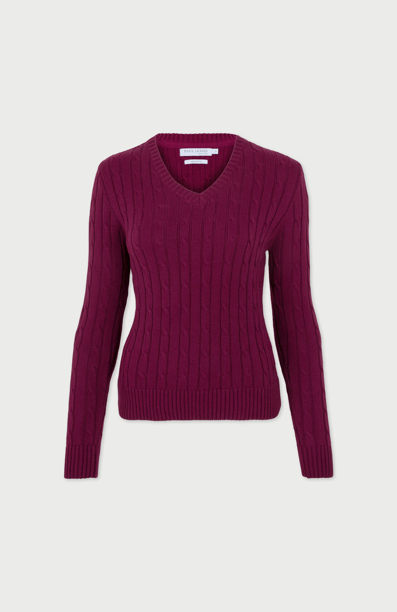 Womens Cotton Cable V Neck Jumper