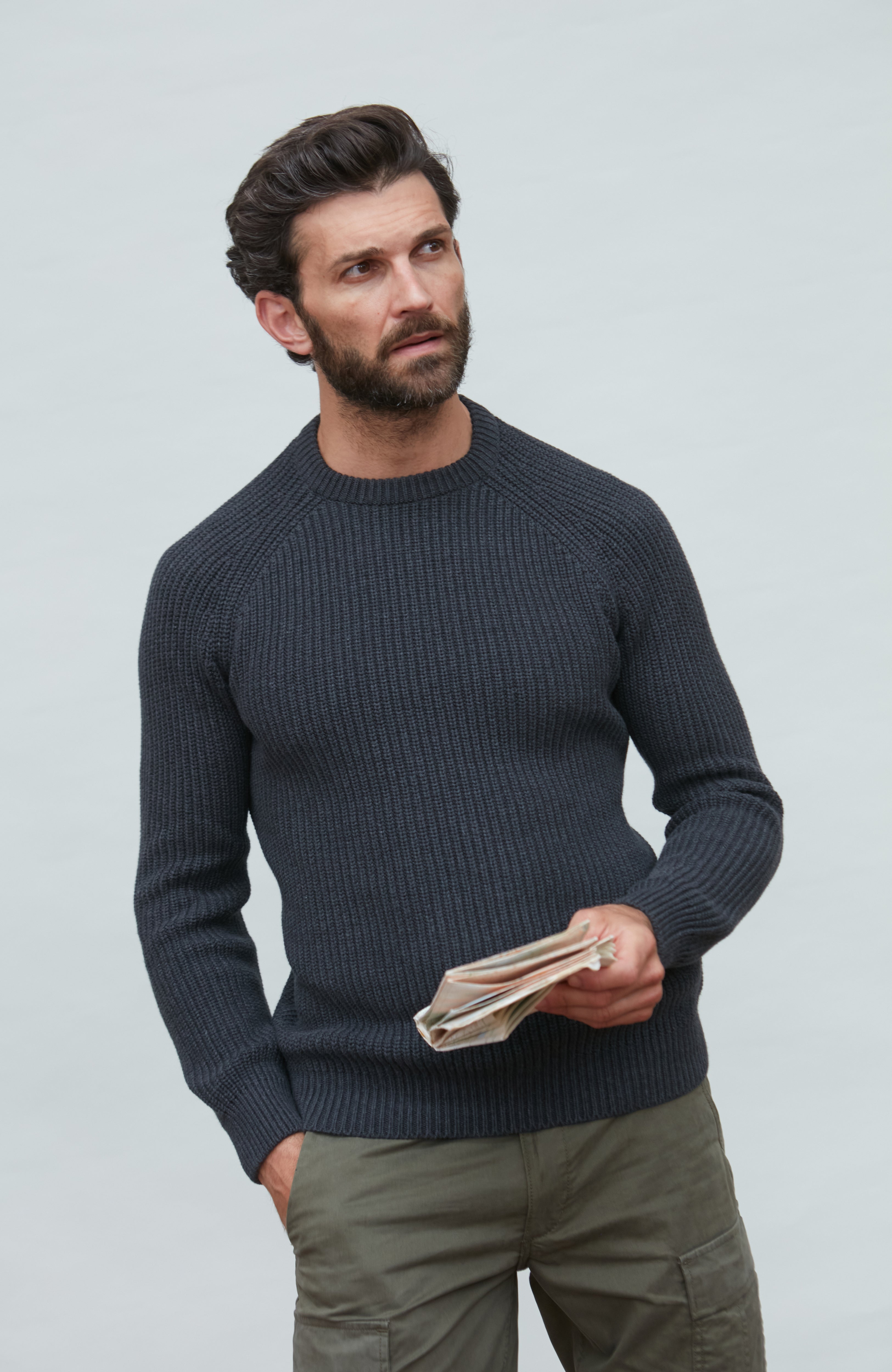 Mens Heavyweight Cotton Fisherman Rib Knit Jumper