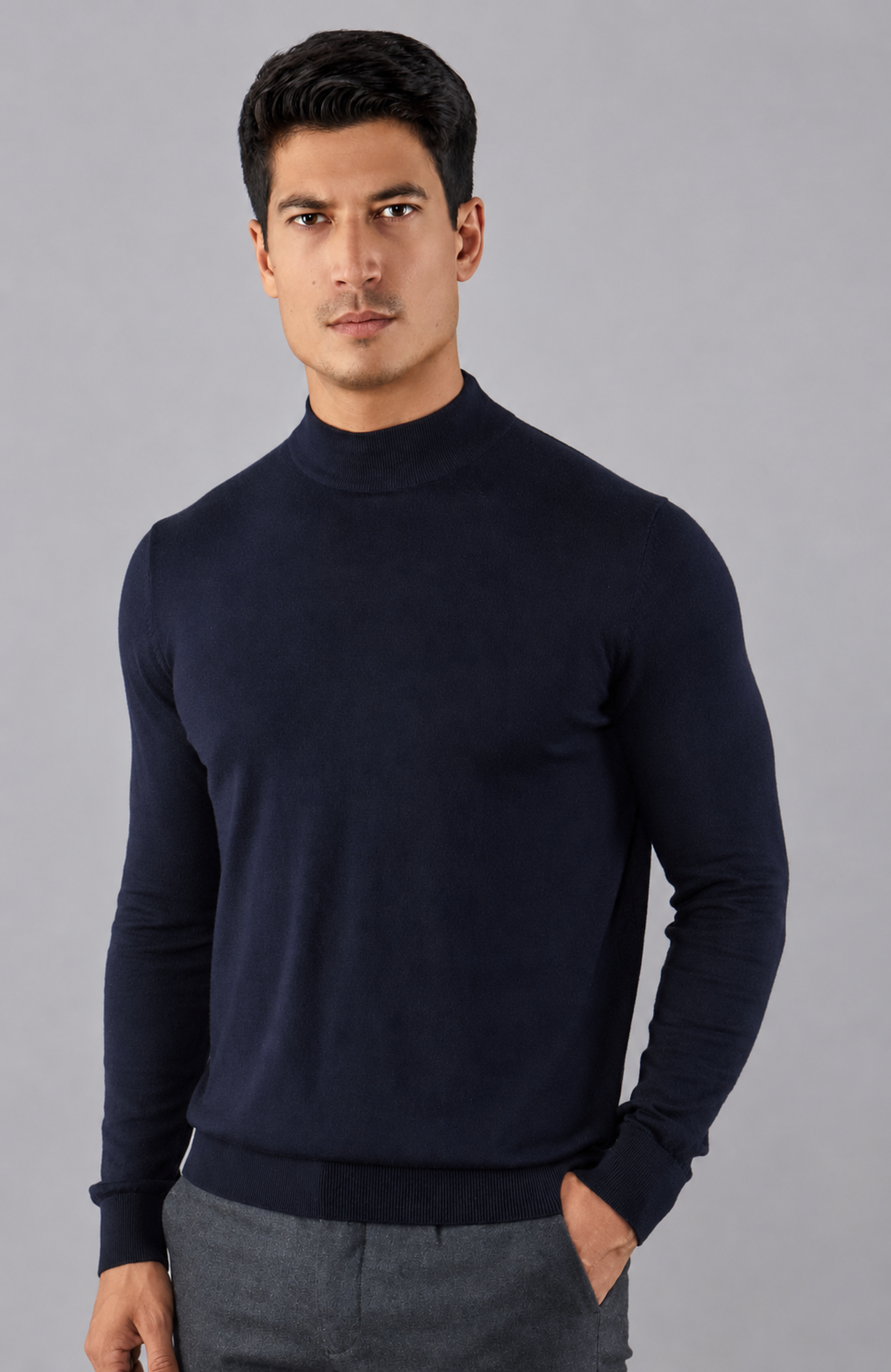 Mens Ultra Fine Cotton Mock Turtle Neck Jumper