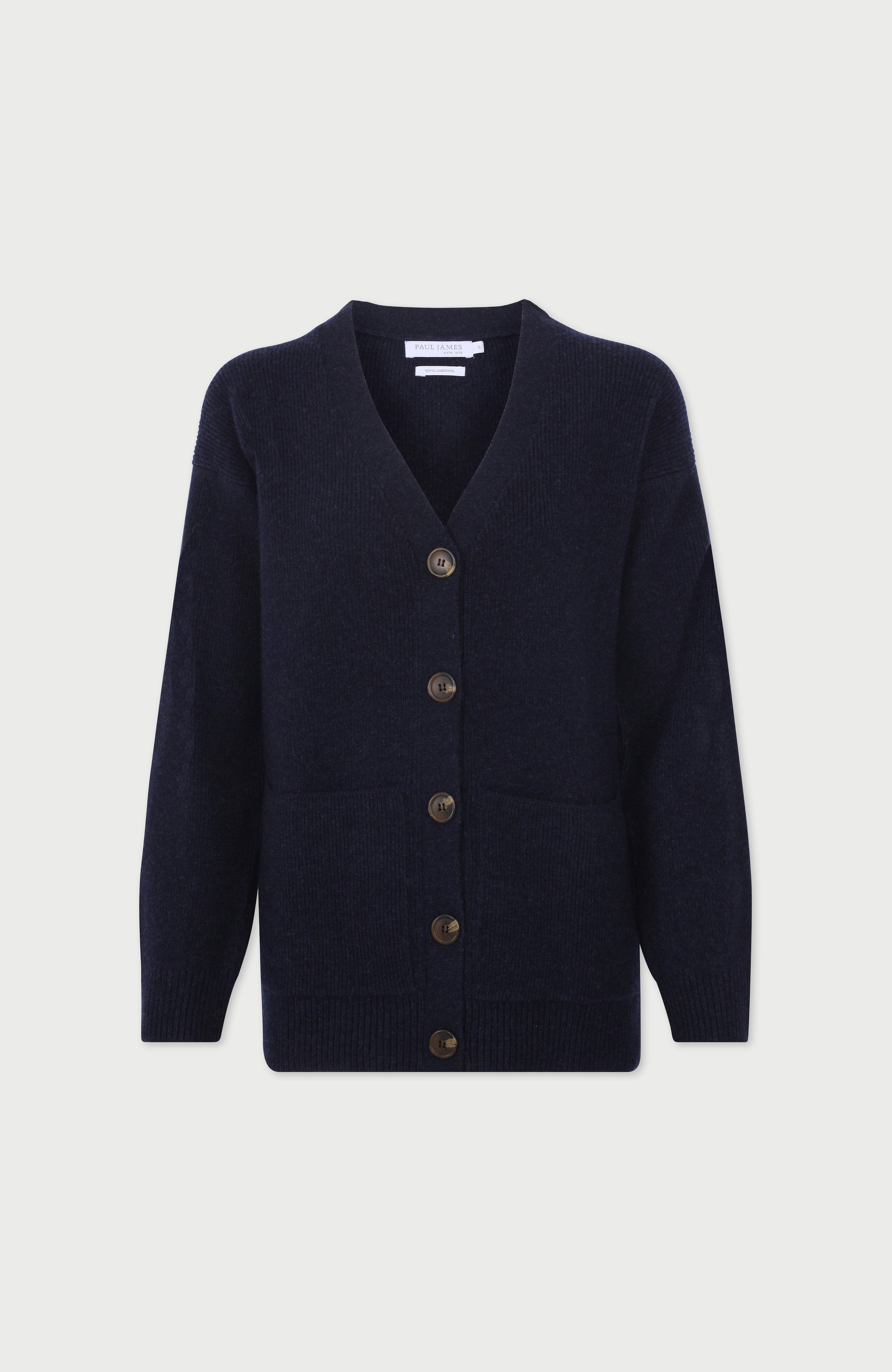 Womens Lambswool V Neck Ribbed Cardigan with Pockets