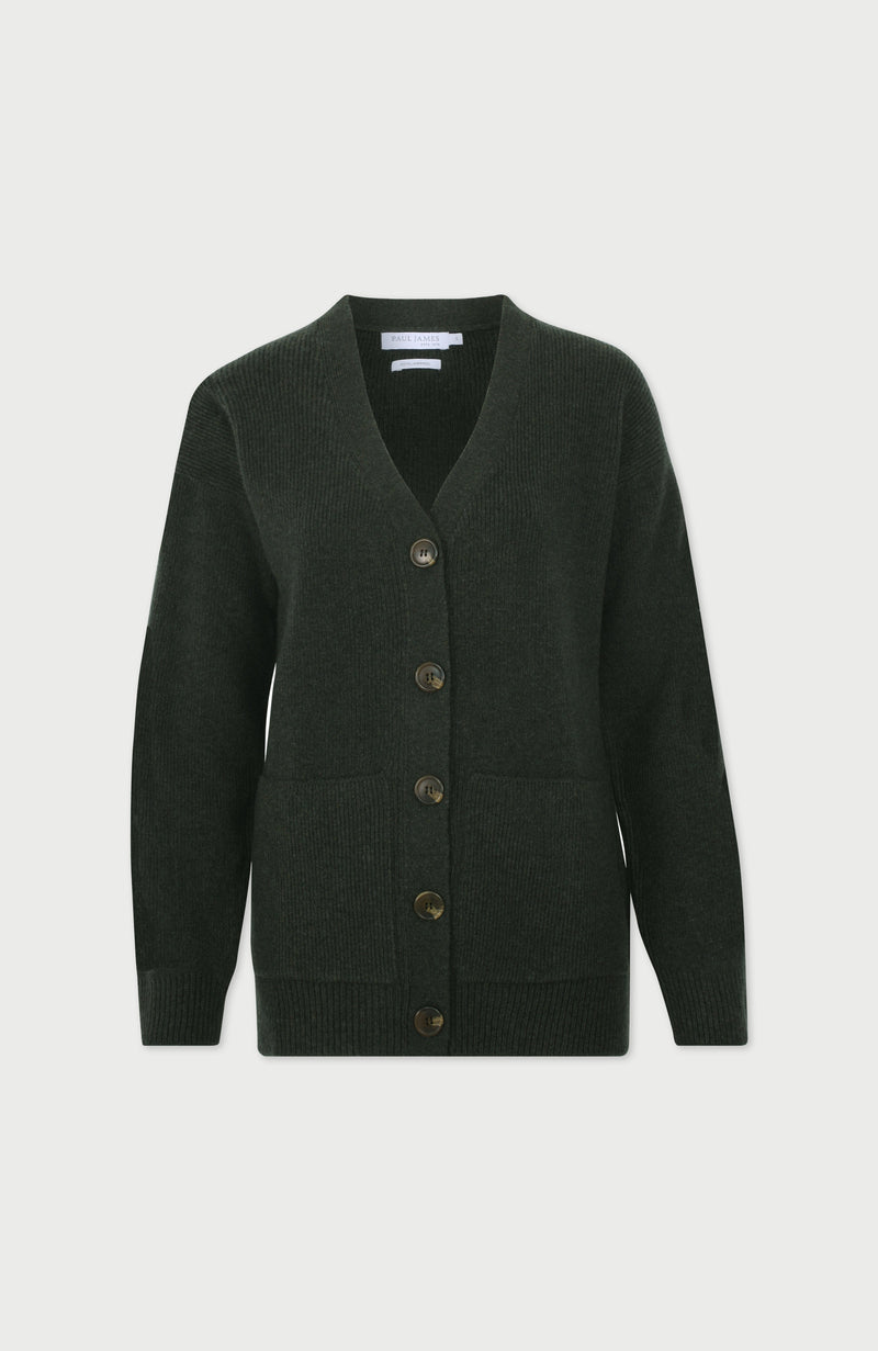 Womens Lambswool V Neck Ribbed Cardigan with Pockets