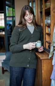 Womens Lambswool V Neck Ribbed Cardigan with Pockets