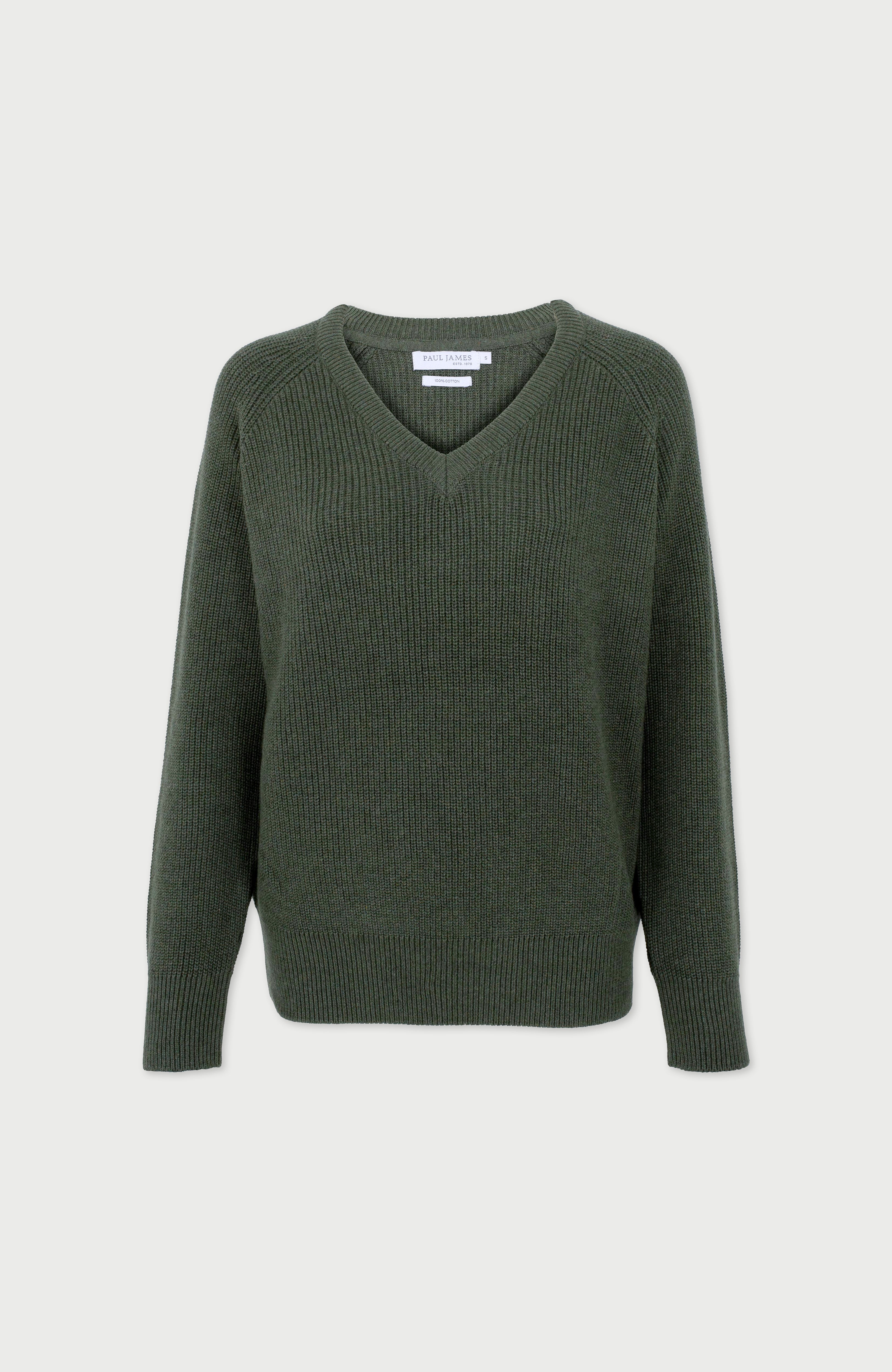 Womens Cotton Ribbed V Neck Jumper