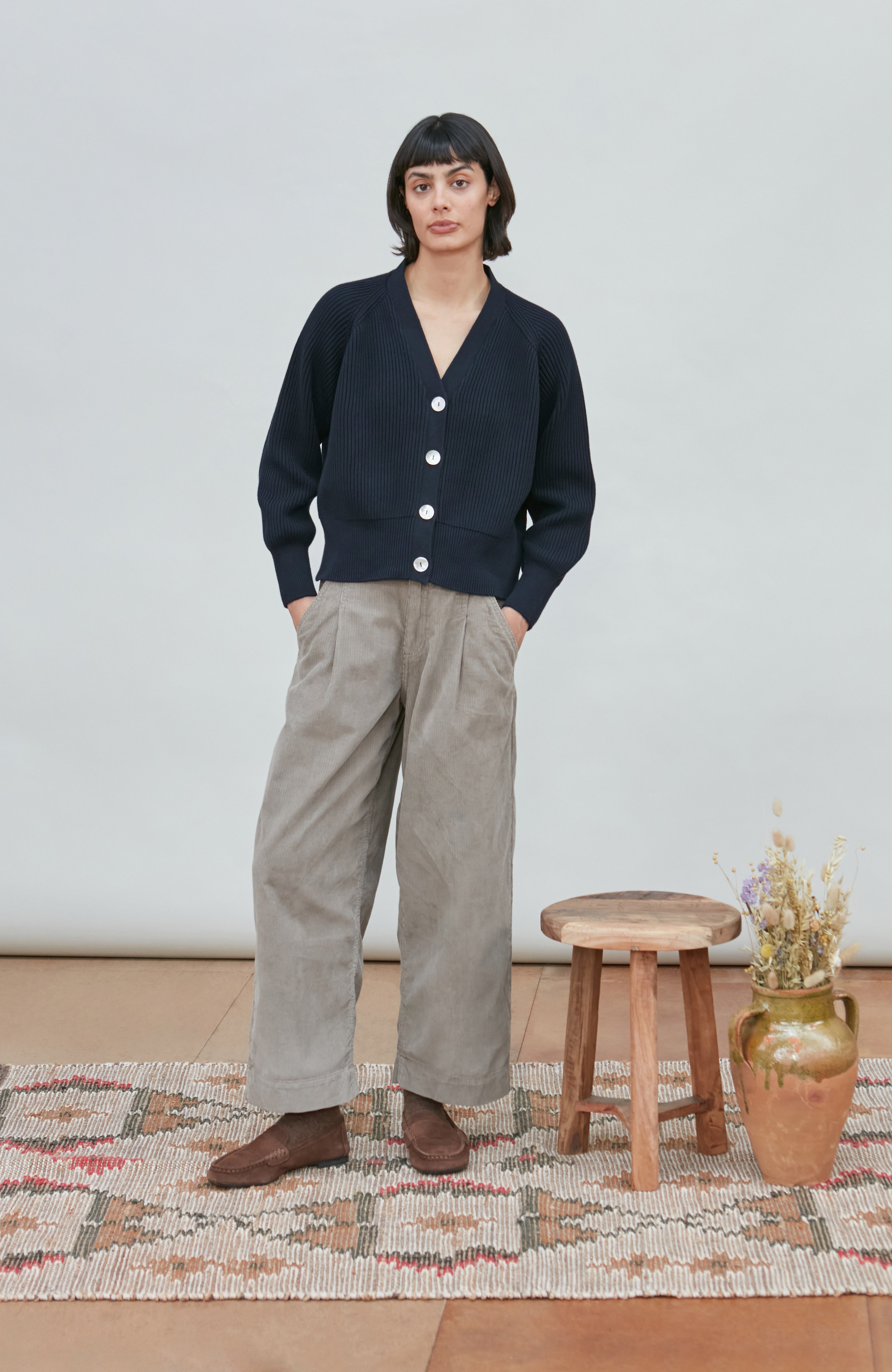 Womens Cotton Oversized V Neck Ribbed Cardigan