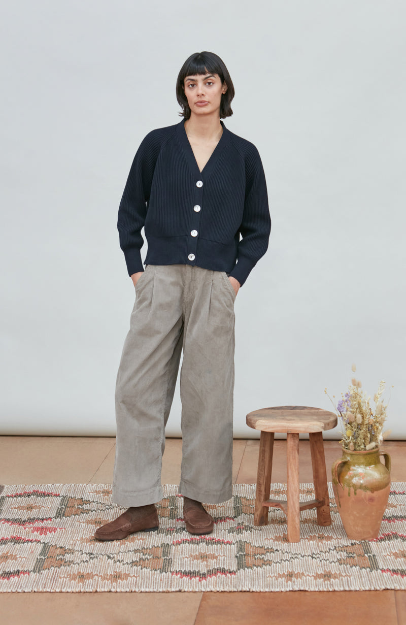 Womens Cotton Oversized V Neck Ribbed Cardigan