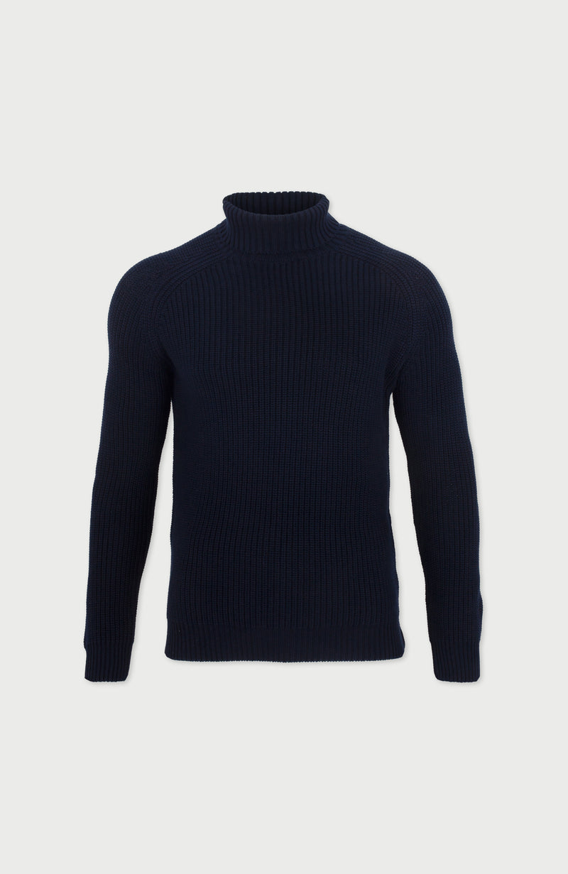 Mens Midweight Cotton Fisherman Rib Knit Roll Neck Jumper
