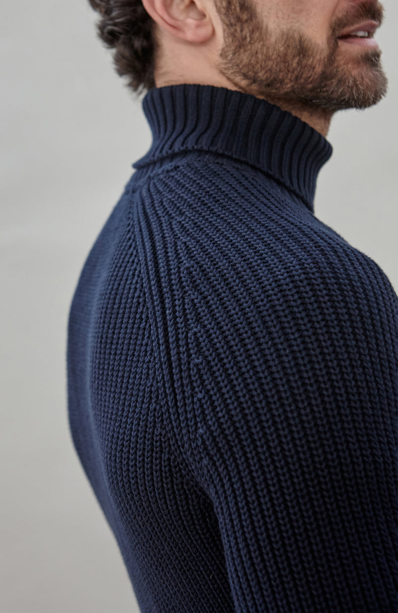 Mens Midweight Cotton Fisherman Rib Knit Roll Neck Jumper
