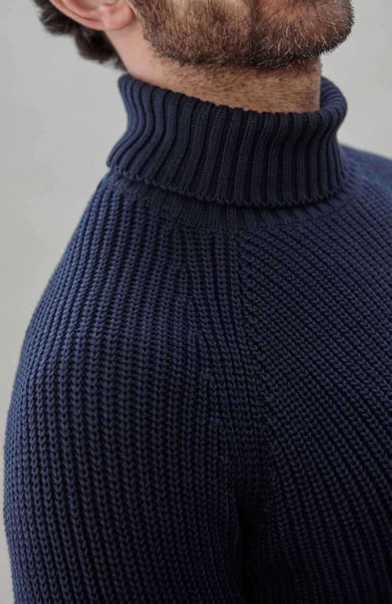 Mens Midweight Cotton Fisherman Rib Knit Roll Neck Jumper