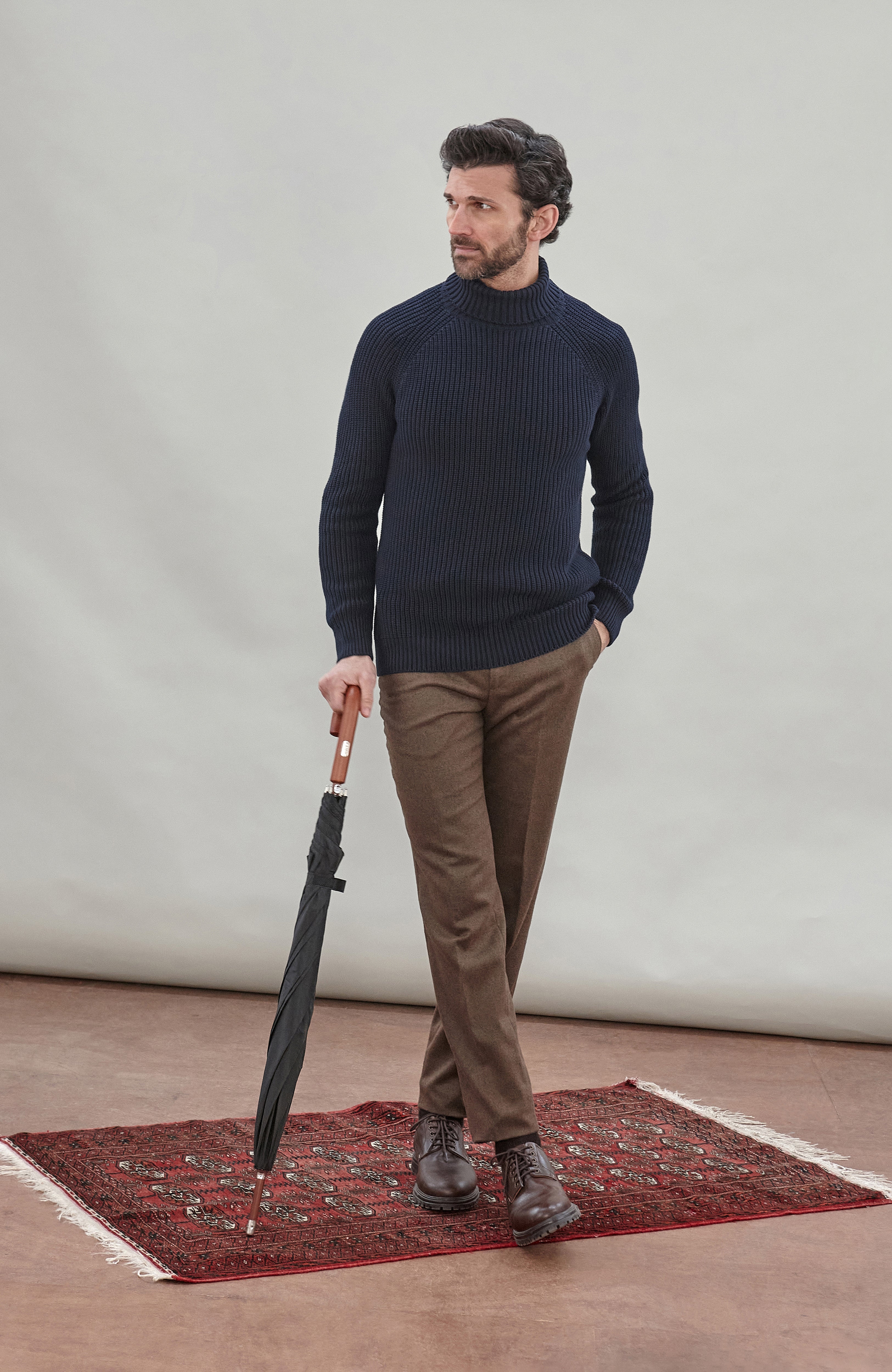 Mens Midweight Cotton Fisherman Rib Knit Roll Neck Jumper