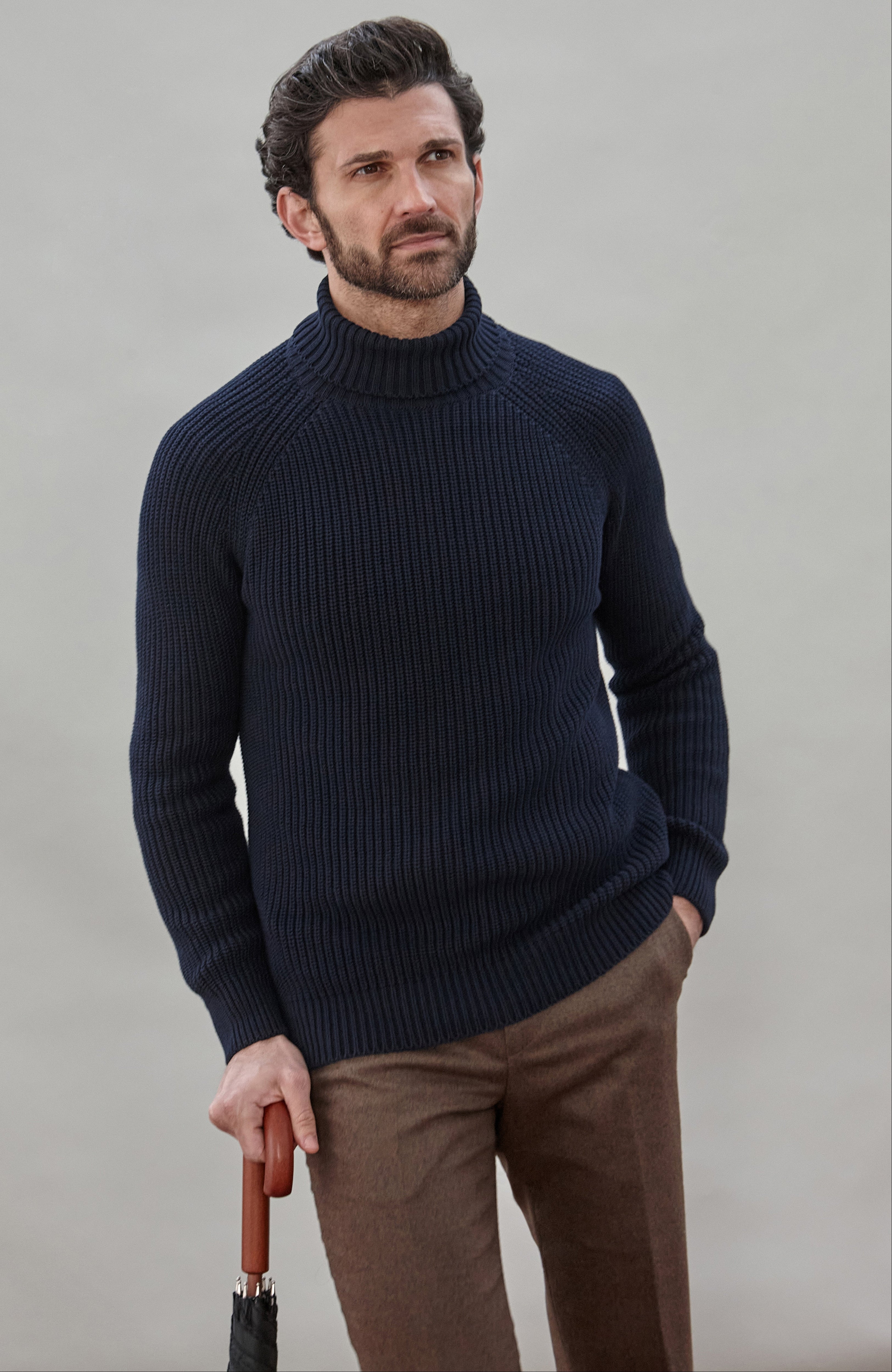 Mens Midweight Cotton Fisherman Rib Knit Roll Neck Jumper