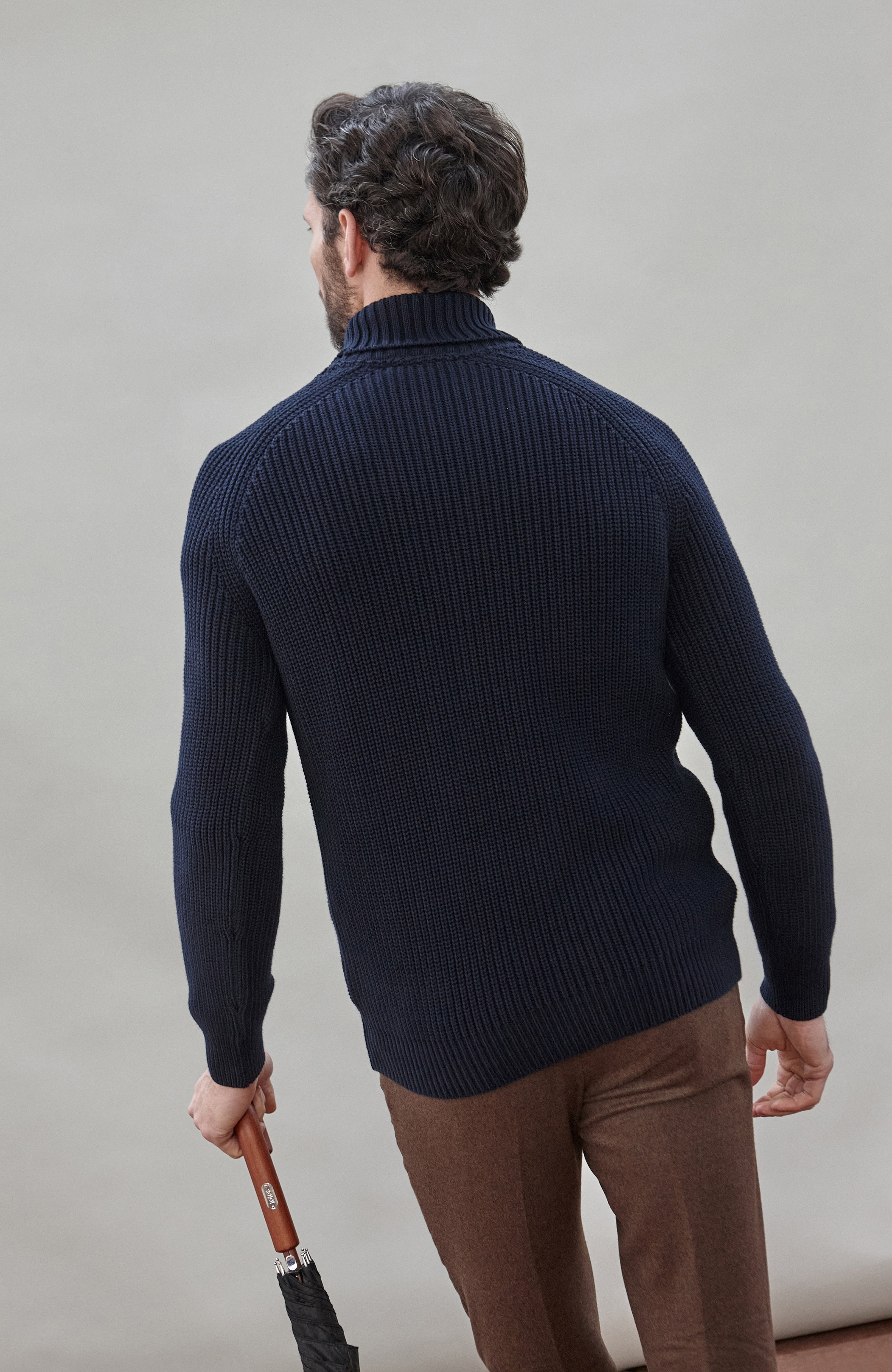 Mens Midweight Cotton Fisherman Rib Knit Roll Neck Jumper