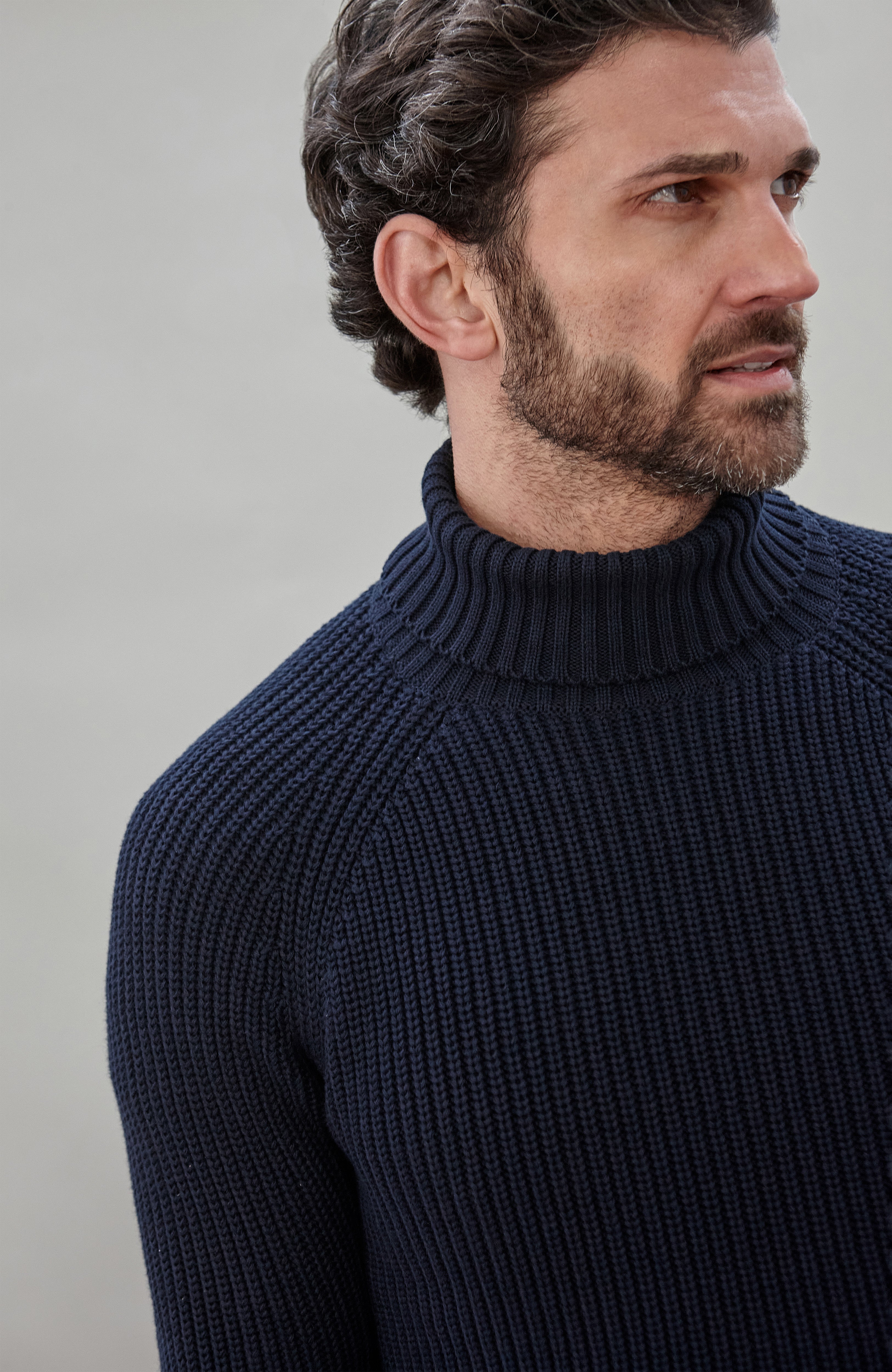 Mens Midweight Cotton Fisherman Rib Knit Roll Neck Jumper