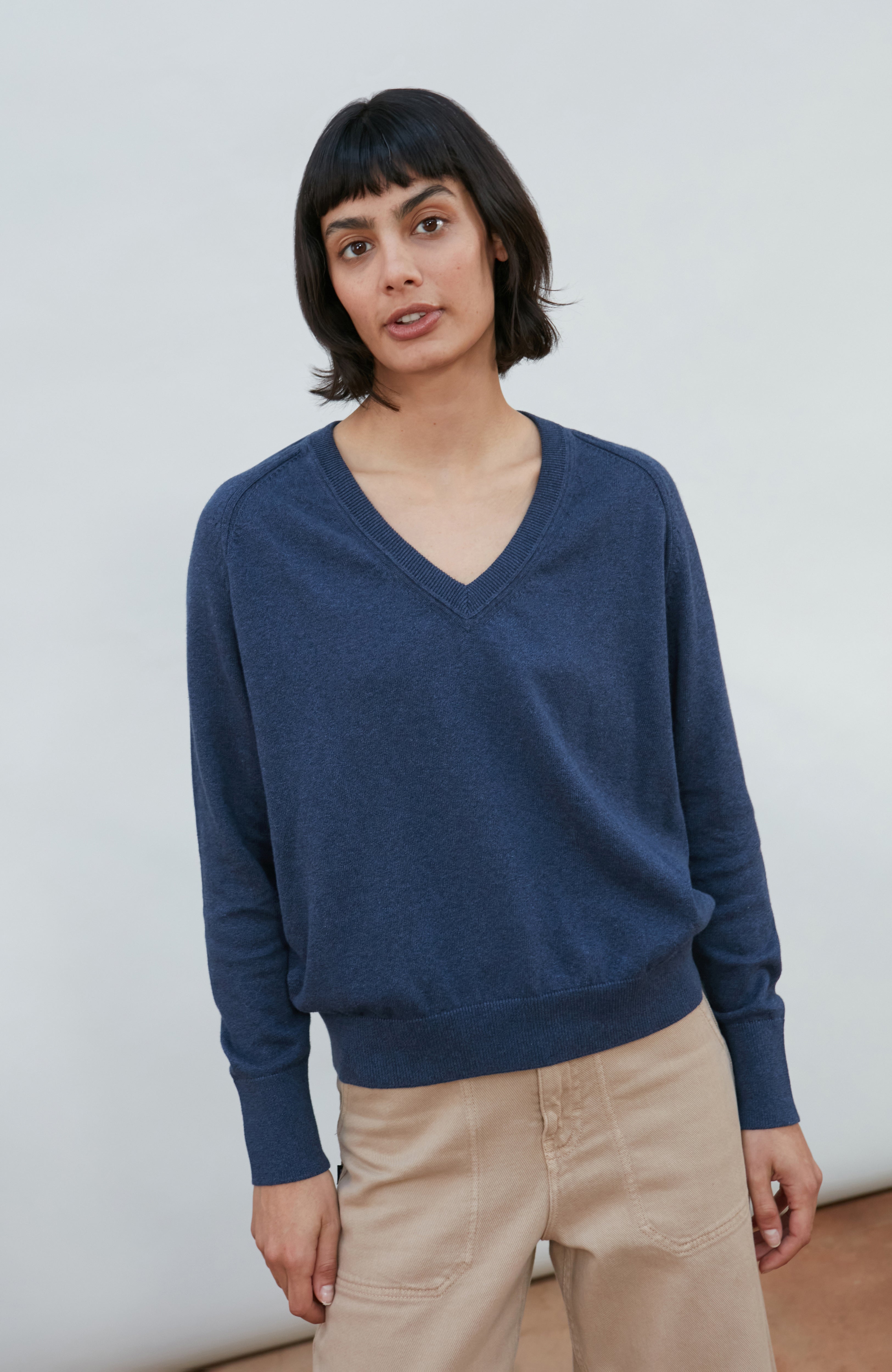 Womens Lightweight Cotton Deep V Neck Jumper