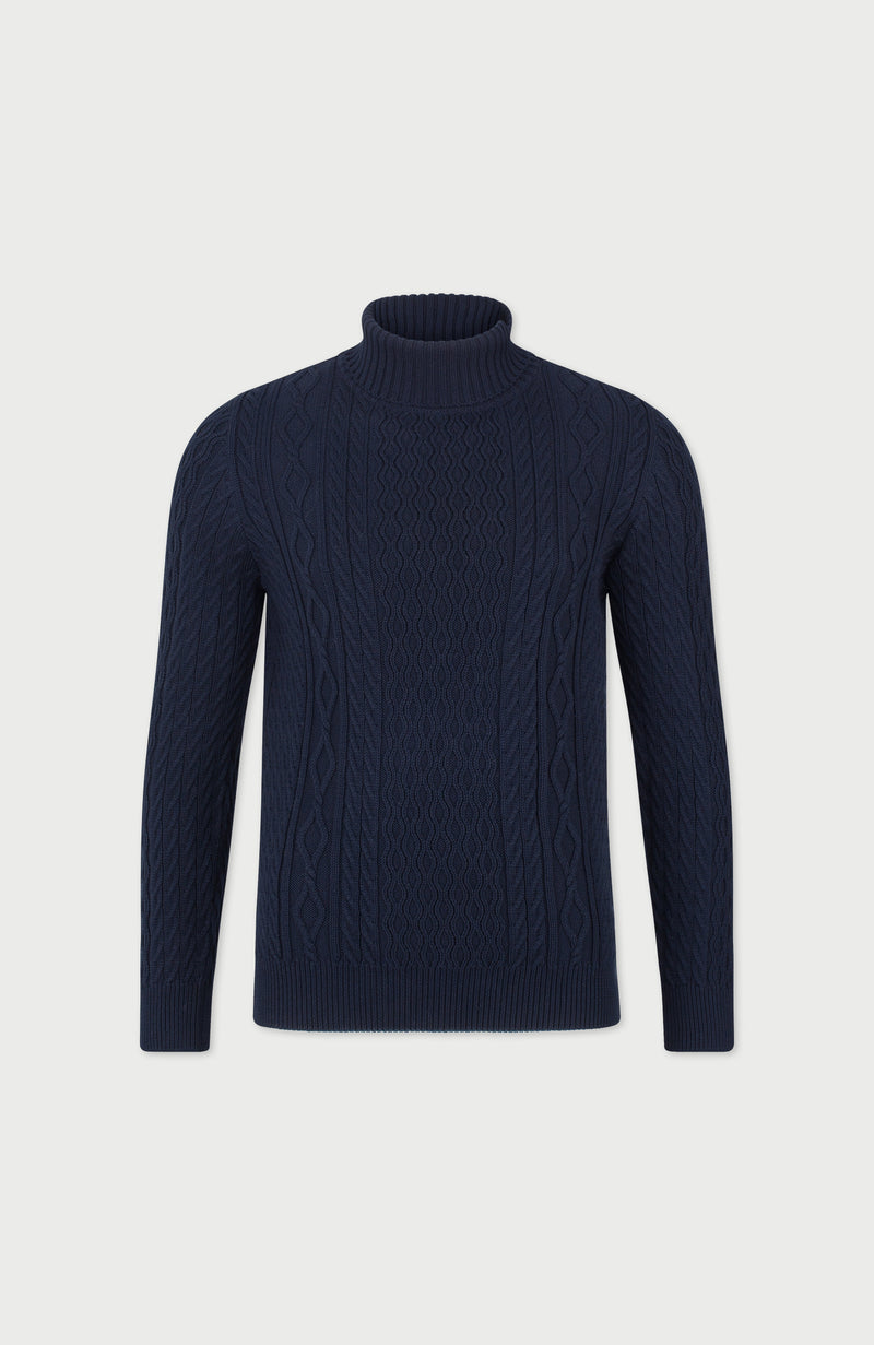 Mens Midweight Cotton Roll Neck Cable Jumper