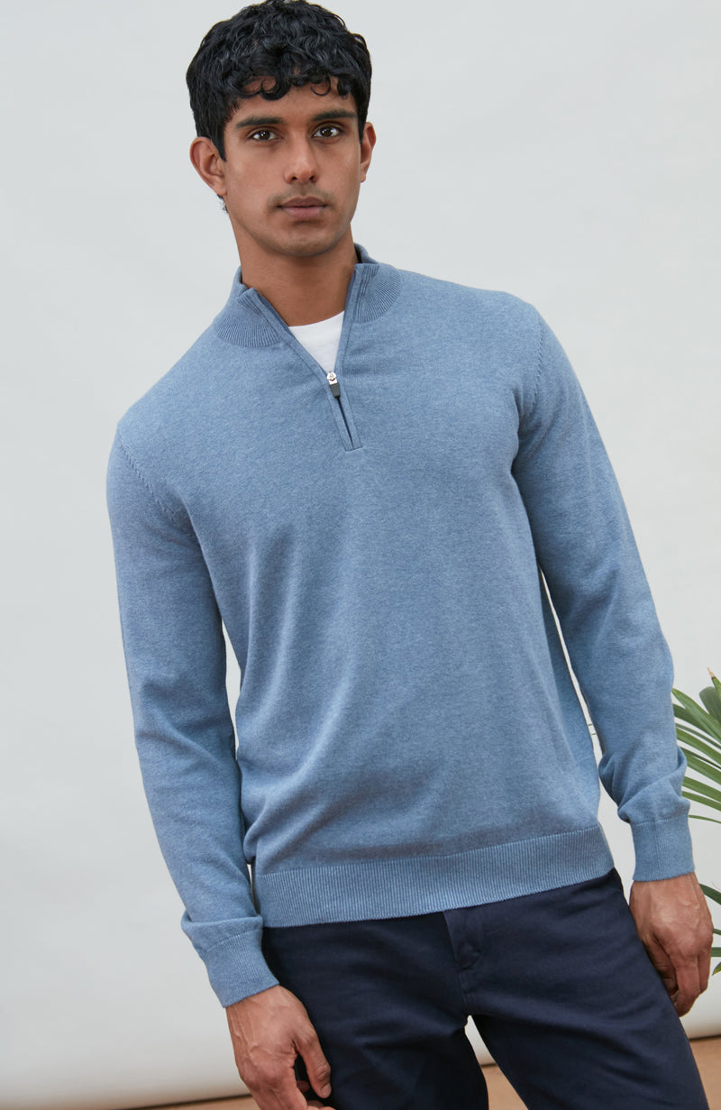 Mens Lightweight Cotton Zip Neck Jumper