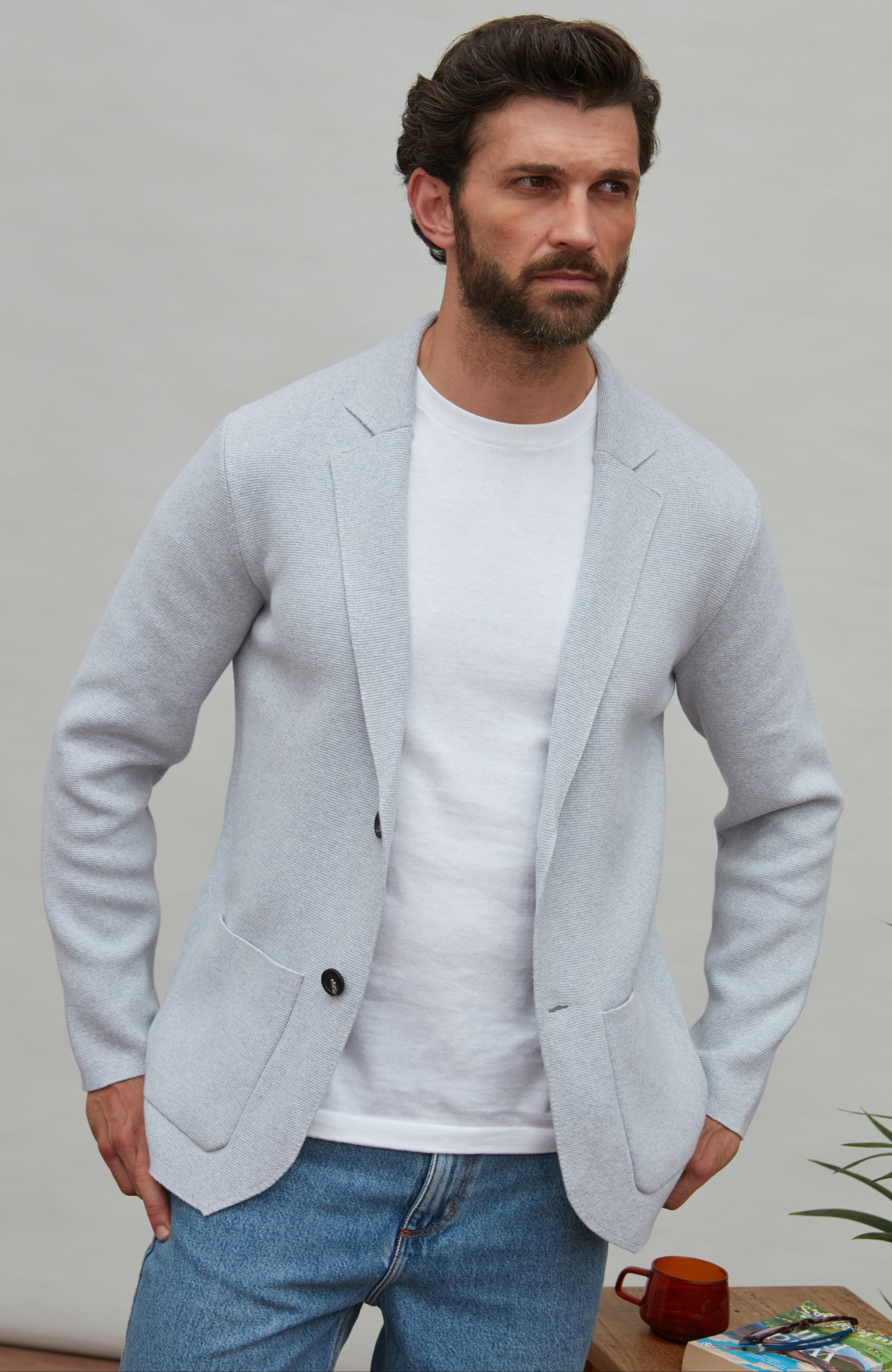 Mens Midweight Cotton Deconstructed Knitted Blazer