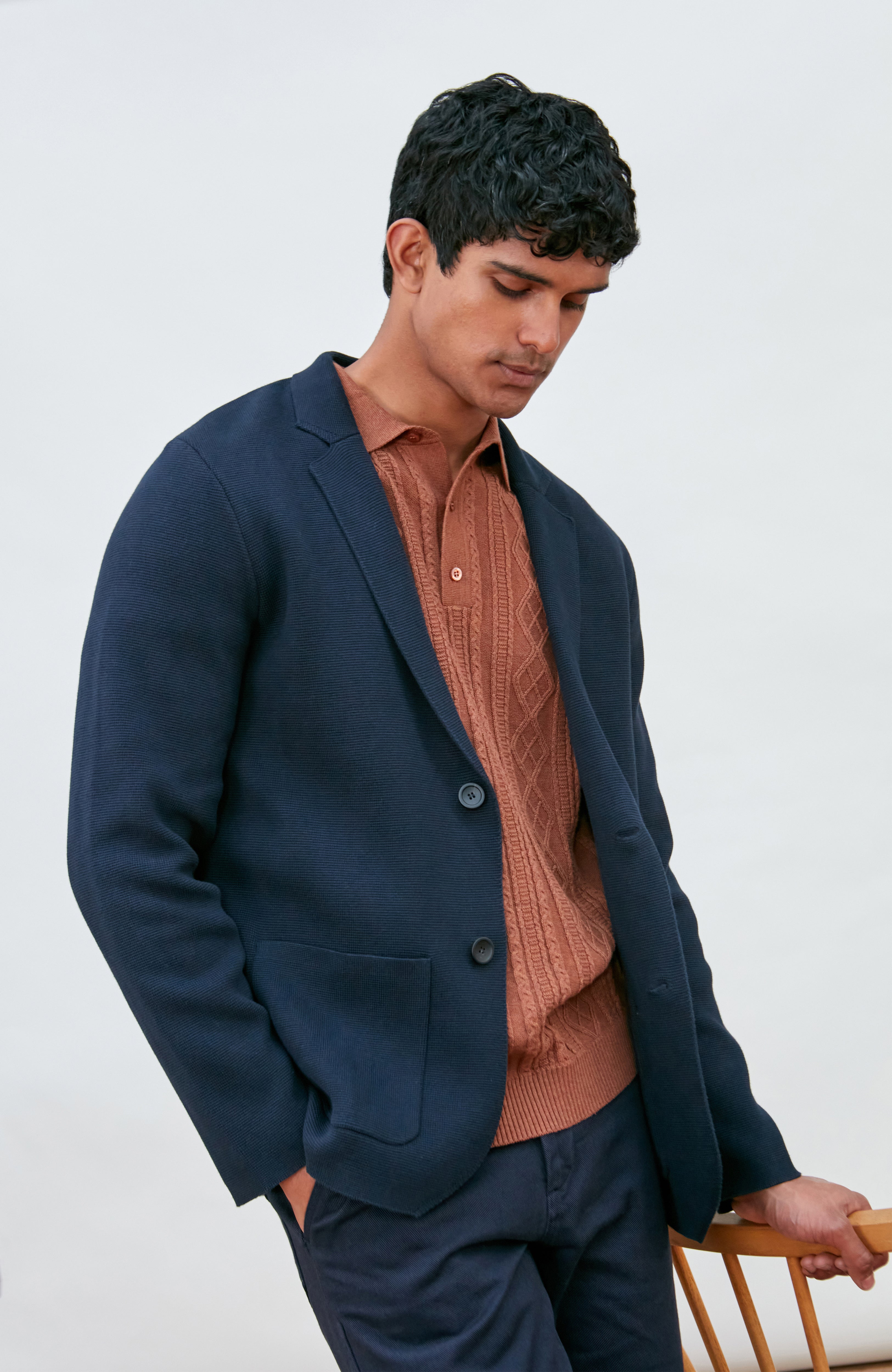 Mens Midweight Cotton Deconstructed Knitted Blazer